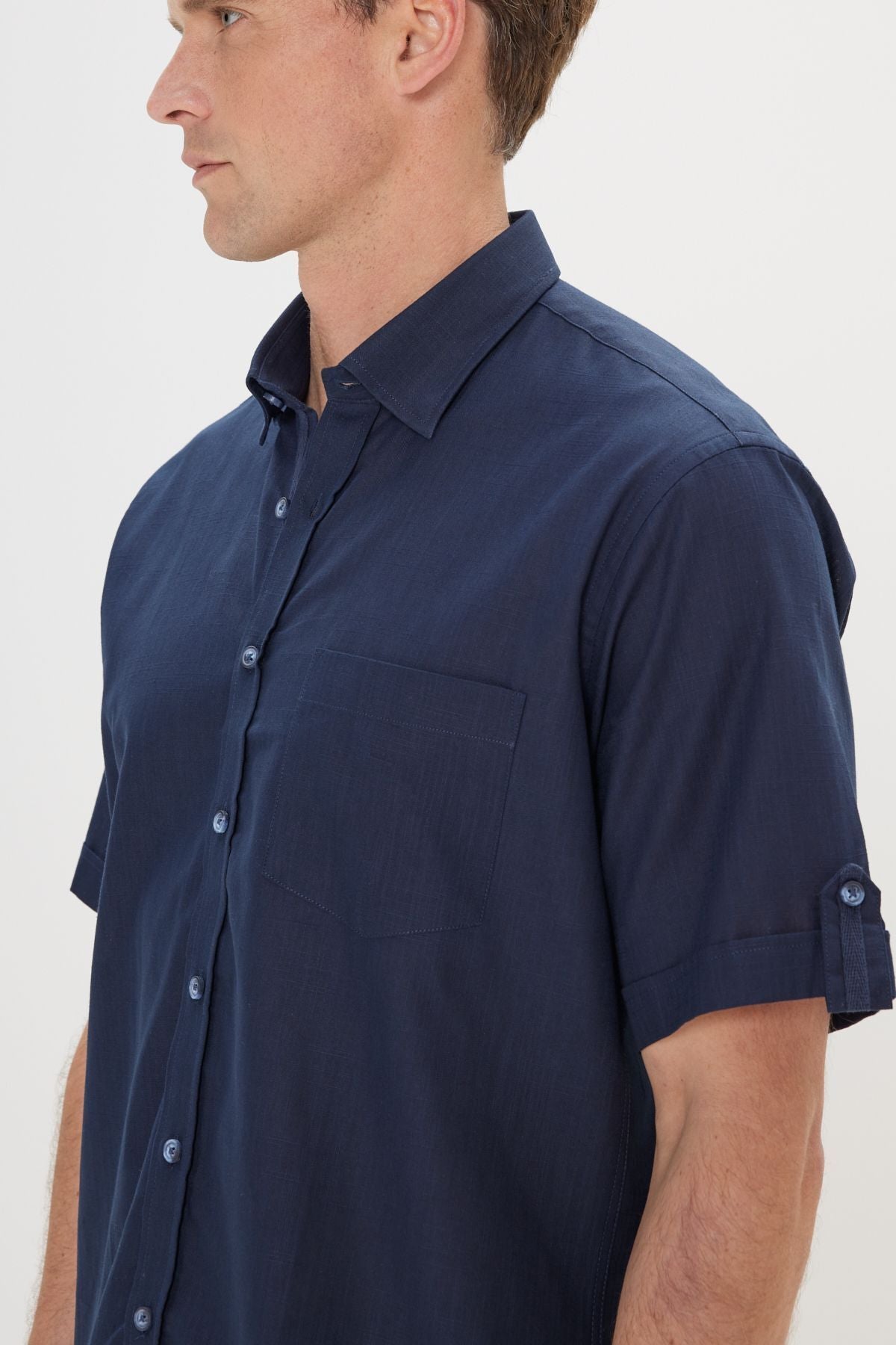 Men's Navy Blue Comfort Fit Casual Cutting Buttoned Neck Linen Looking 100 %Cotton Short Sleeve Shirt