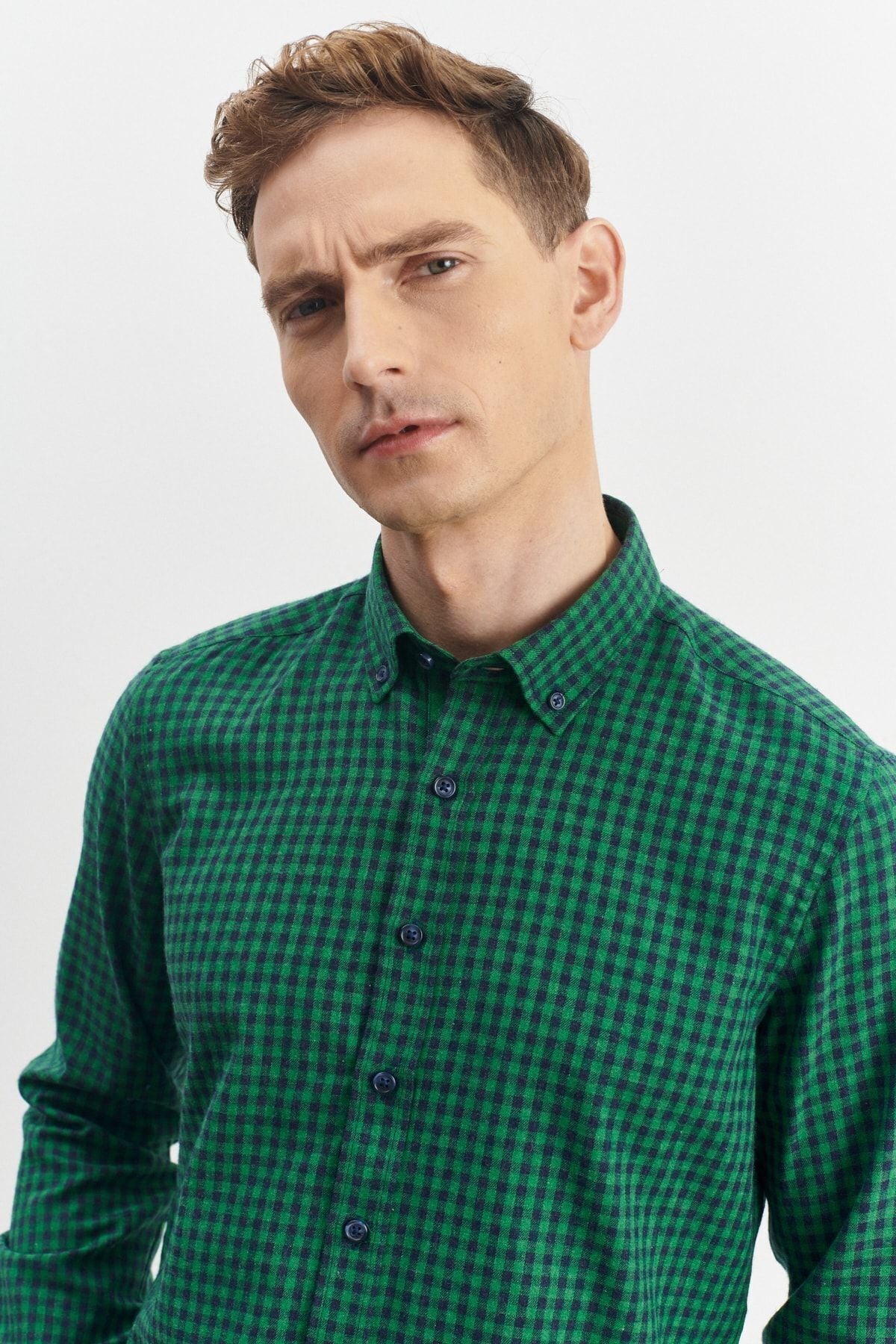 Men's green-lacivert slim fit narrow cut buttoned collar pötikareli flannel shirt