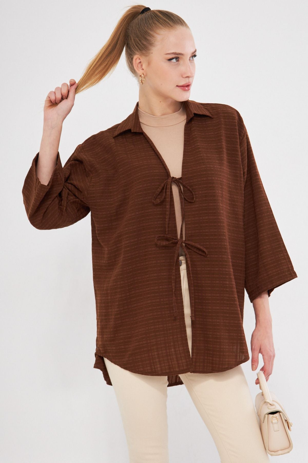 Women's coffee shirt collar front with the front Kimono shirt ARM-25K001006