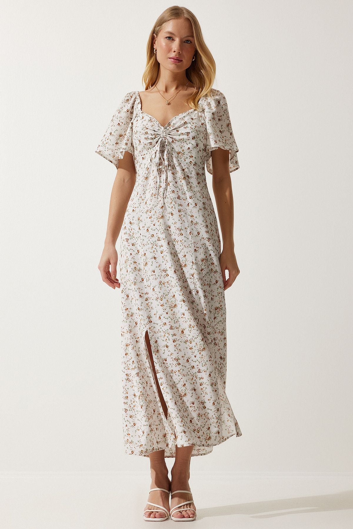 Female ecru slit detailed flywheel viscose dress ub00247