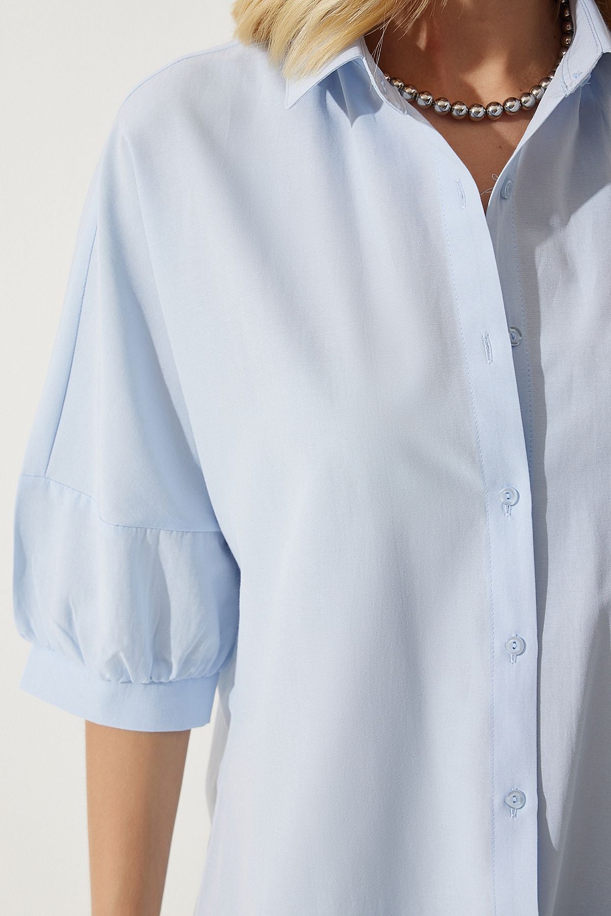 Woman Sky Blue Balloon Sleeve Poplin Shirt DD01308