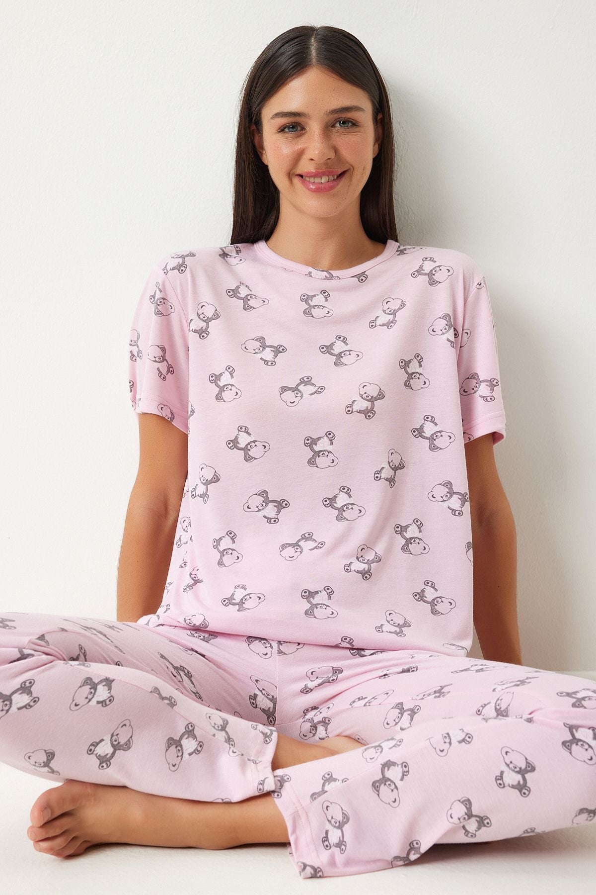 Woman Light Pink Patterned Viscose Trousers T-Shirt Pajama Set EC00046