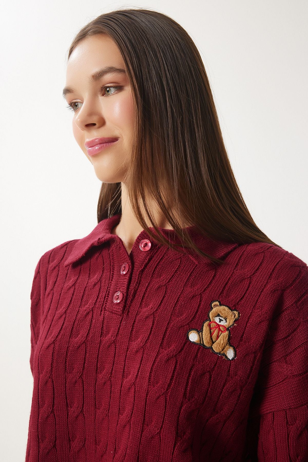 Women's burgundy motif knitwear sweater zh00043