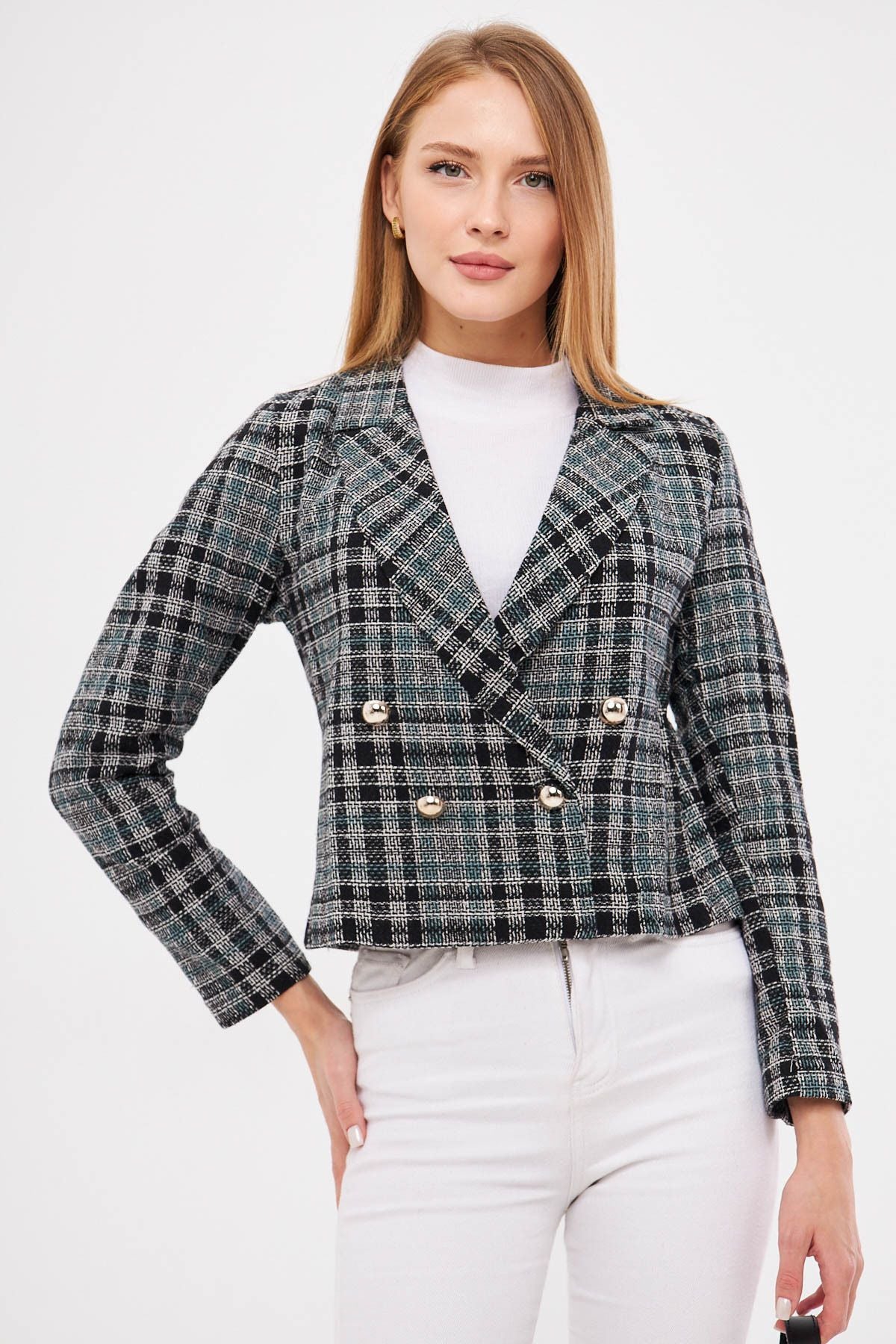 Female turquoise cruve collar tüvit crop jacket ARM-24K001014