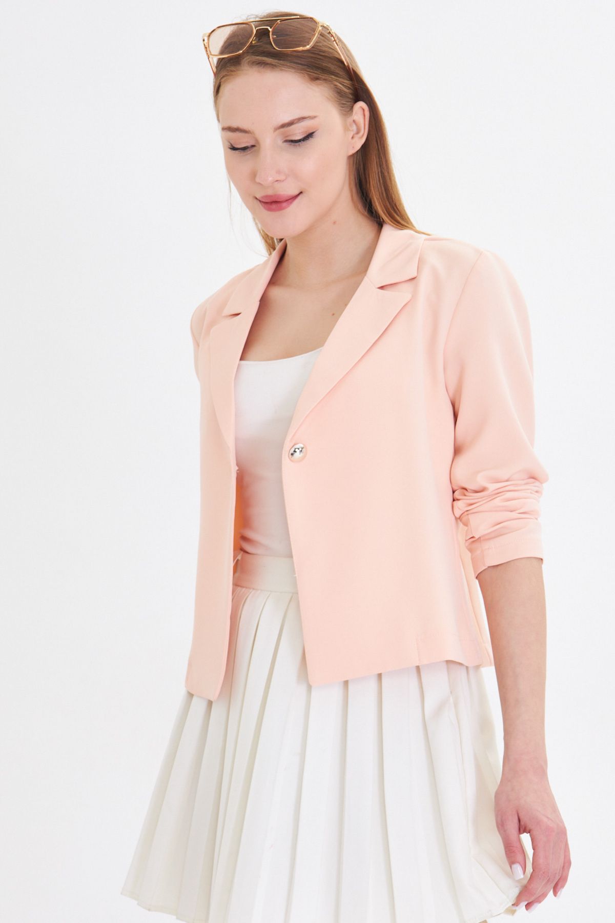 Woman Powder Single button Crop jacket ARM-22Y001237