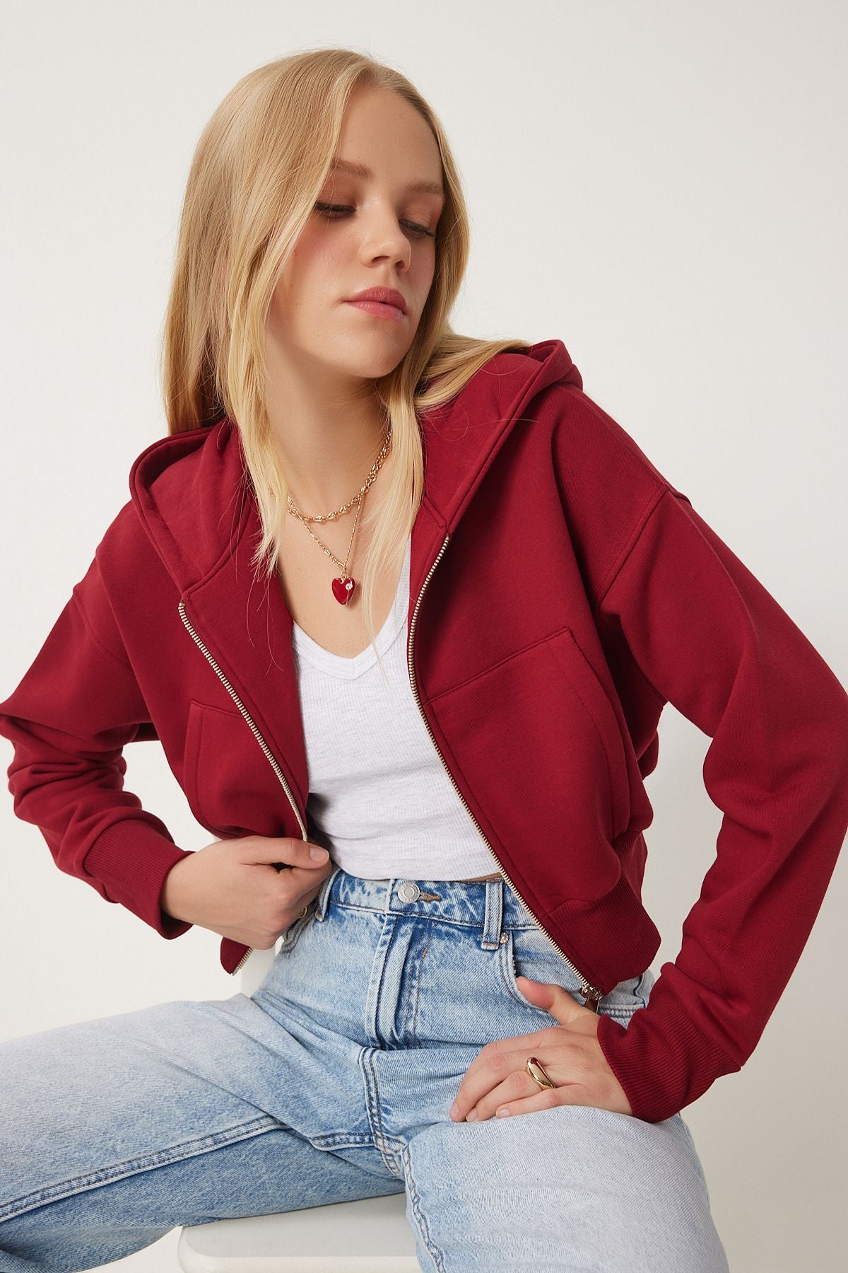 Female Bordeaux Hooded Sweatshirt with Zippered Zipper Ow00051