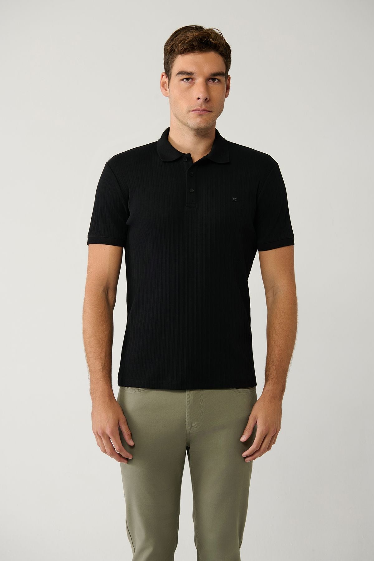 Men's black 100 %cotton 3 buttoned jacquari Polo collar T-shirt A41y1354