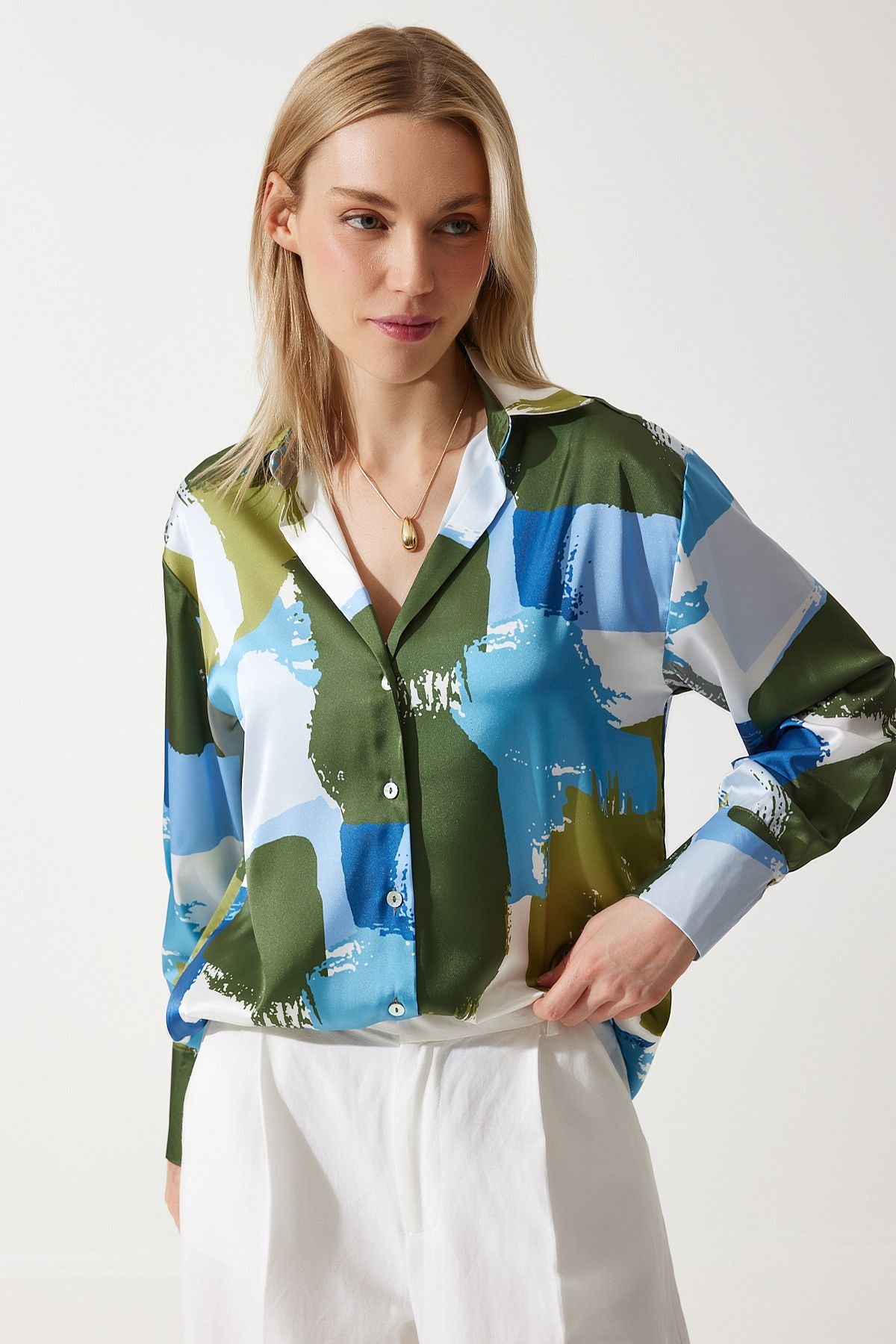 Woman Blue Green Patterned Satin Shirt SV00012