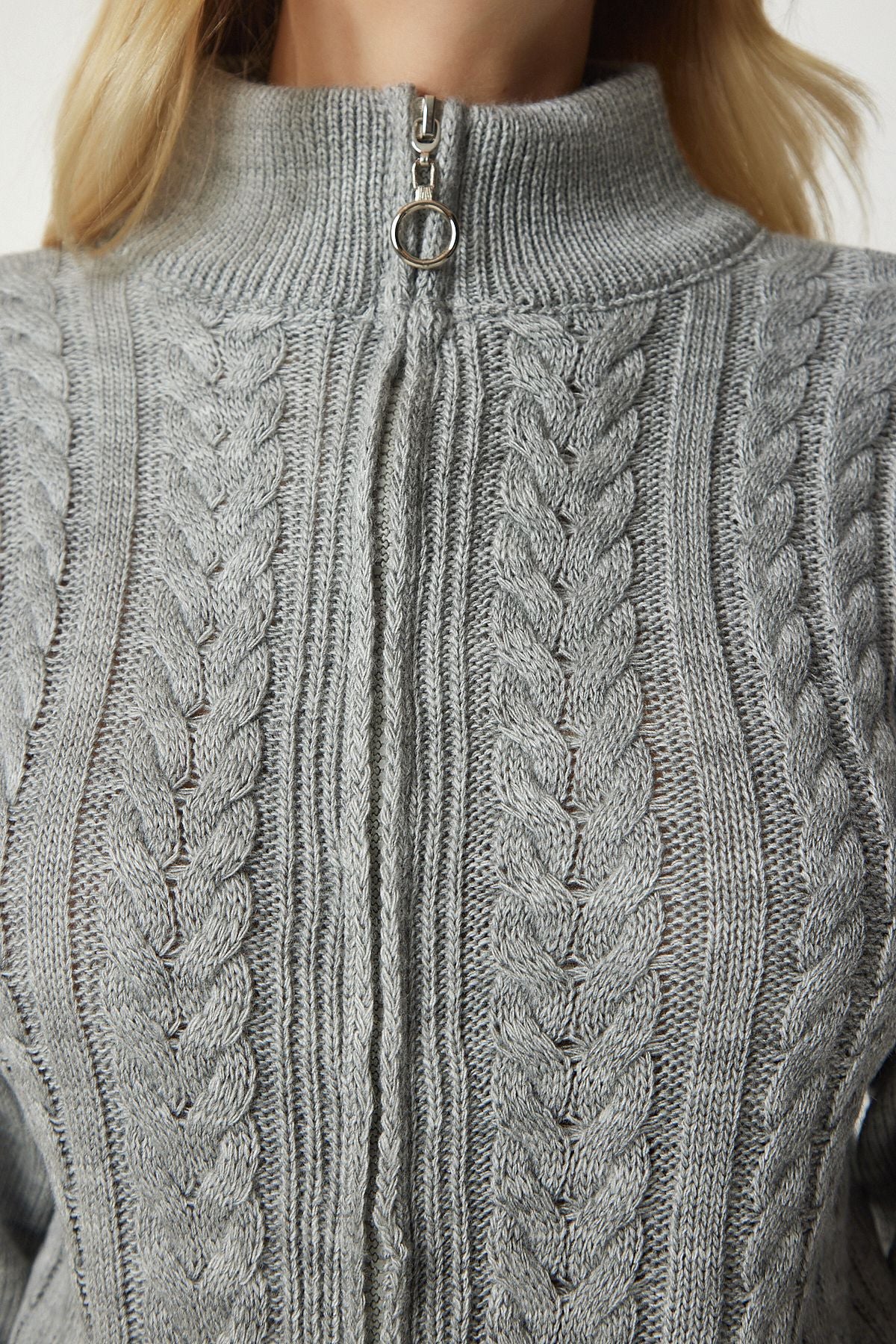 Women's gray zipper knitting motif knitwear cardigan yy00174