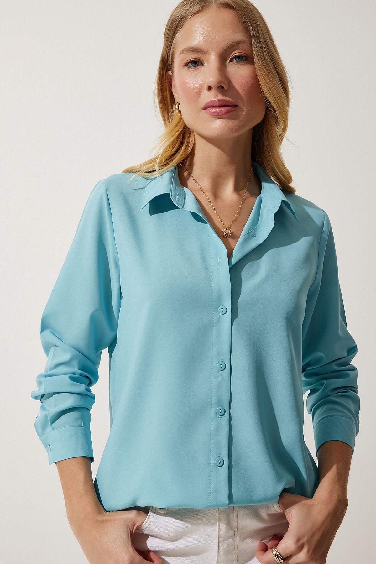 Female turquoise soft textured basic shirt DD01297