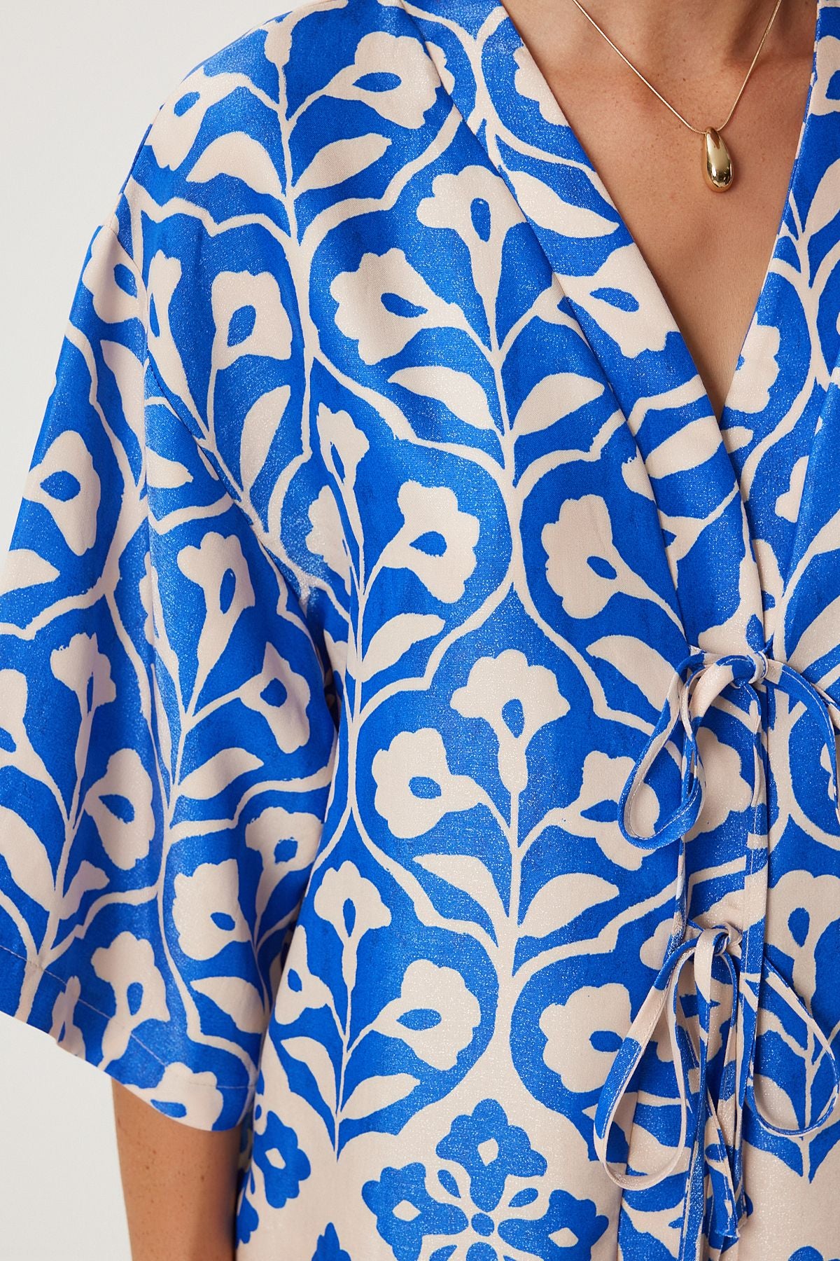 Female Blue Cream Patterned Viscose Blouse Palazzo Set FN03278
