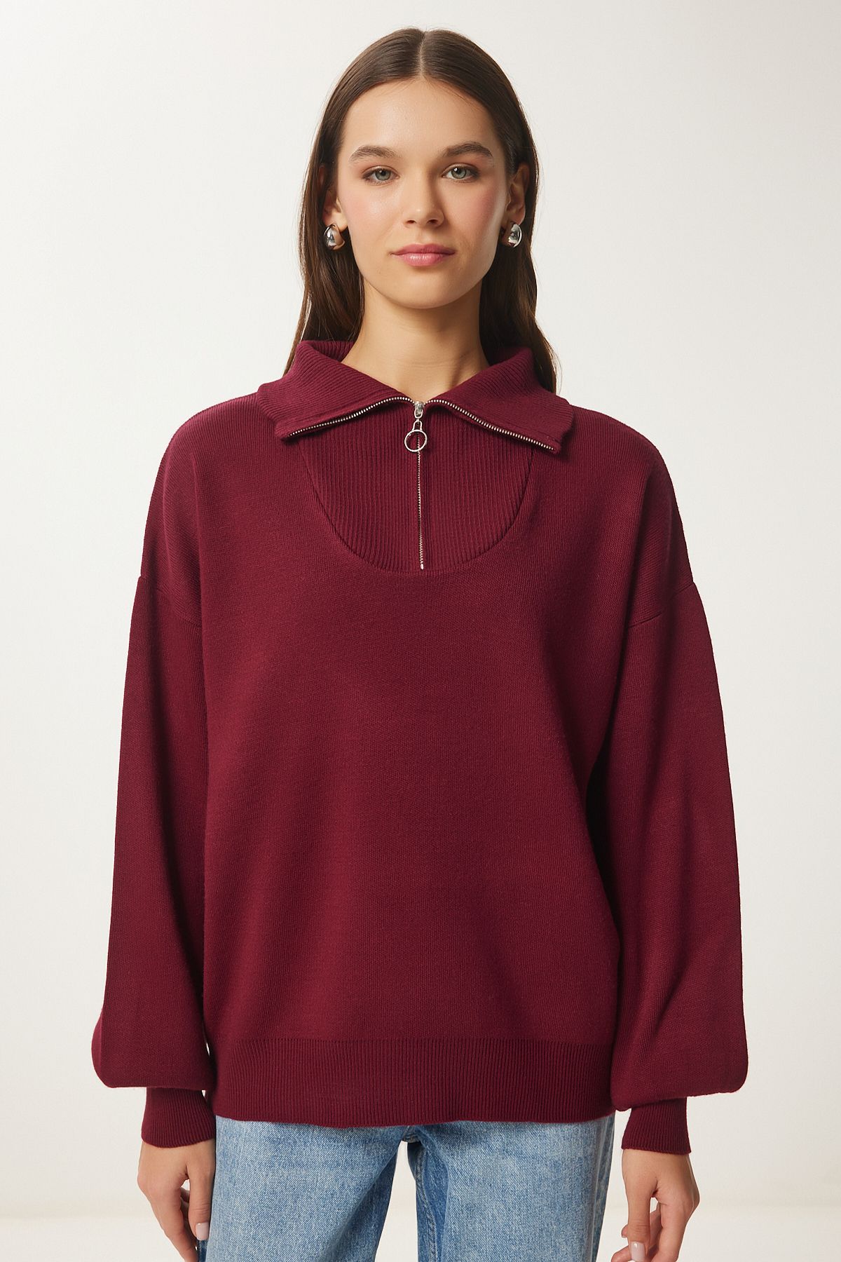 Female Bordeaux Zippered Neck Basic Knitwear Kazakh PF00007
