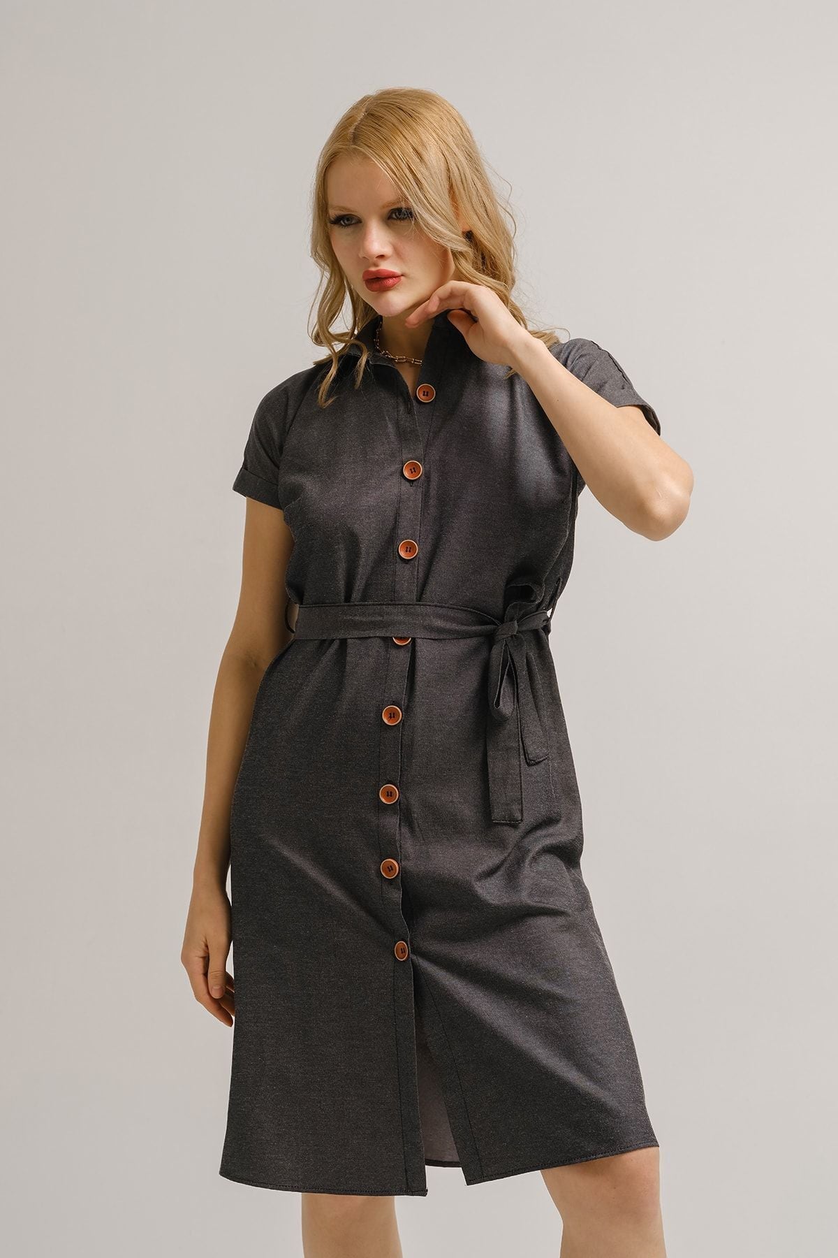 Woman Smoked Waist Belt Short Sleeve Shirt Dress ARM-19Y001068
