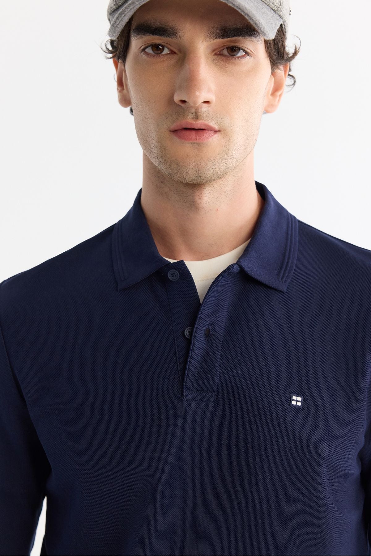 Men's navy blue 2 button cotton Polo Yaka Sweatshirt B001080