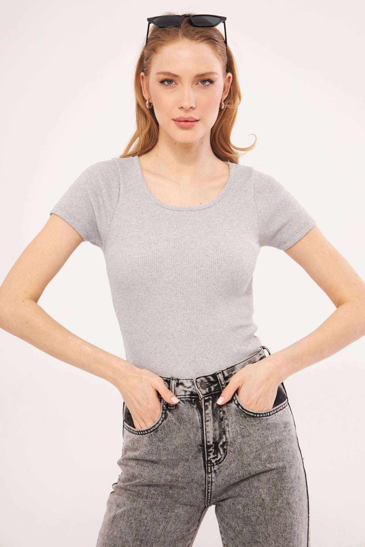 Female Gray Bicycle Collar Short Sleeve Blouse ARM-24Y133006