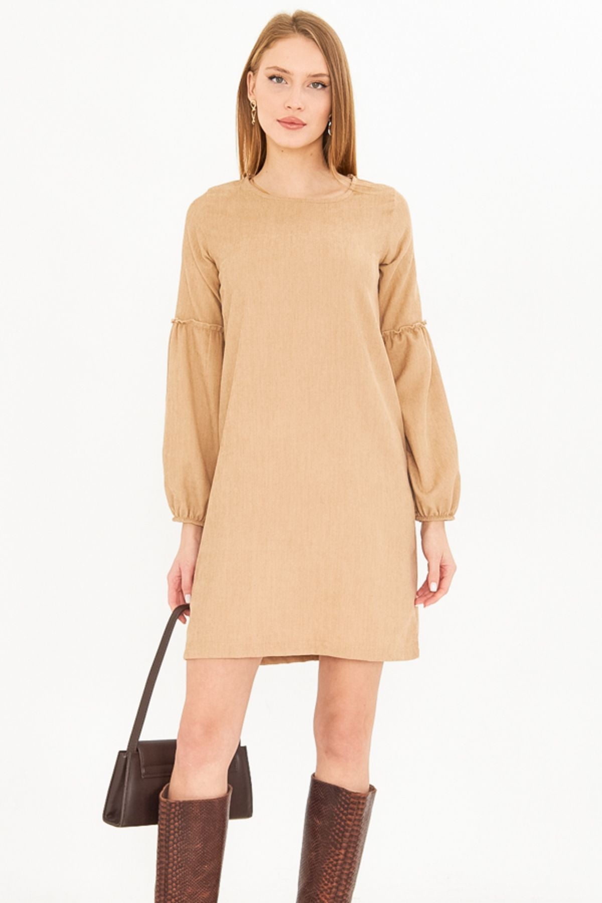 Female Beige Branch Velvet Dress with Balloon Arm-20K001107
