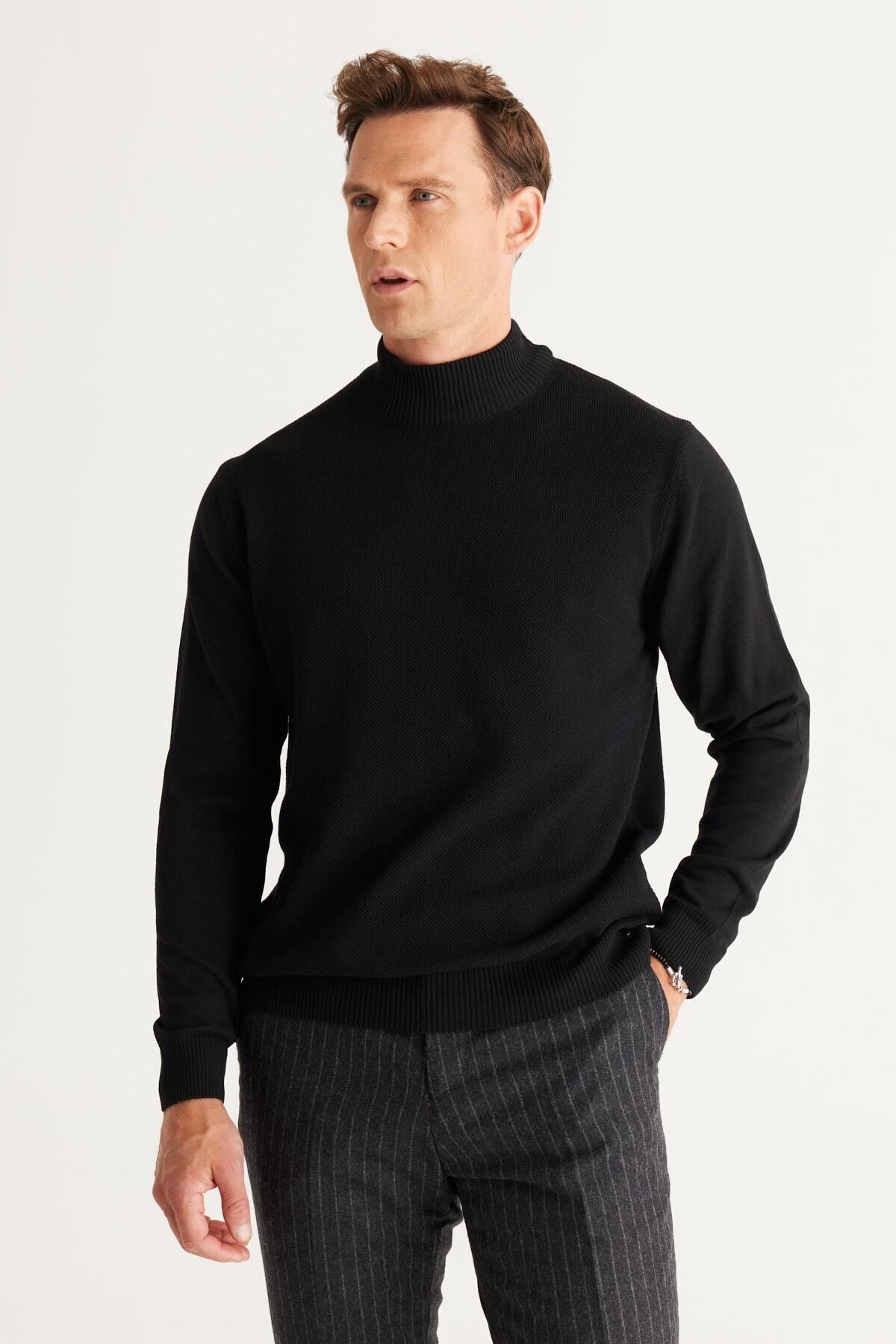 Men's Black Standard Fit Normal Cut Half Fisherman Neck Cotton Knitwear Sweater