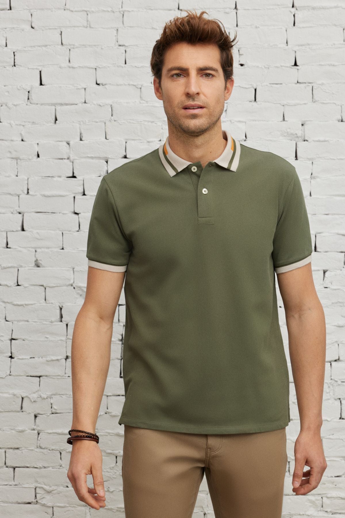 Male Khaki Slim Fit Narrow Cut 100 %Cotton Curiated Polo Yaka T -shirt