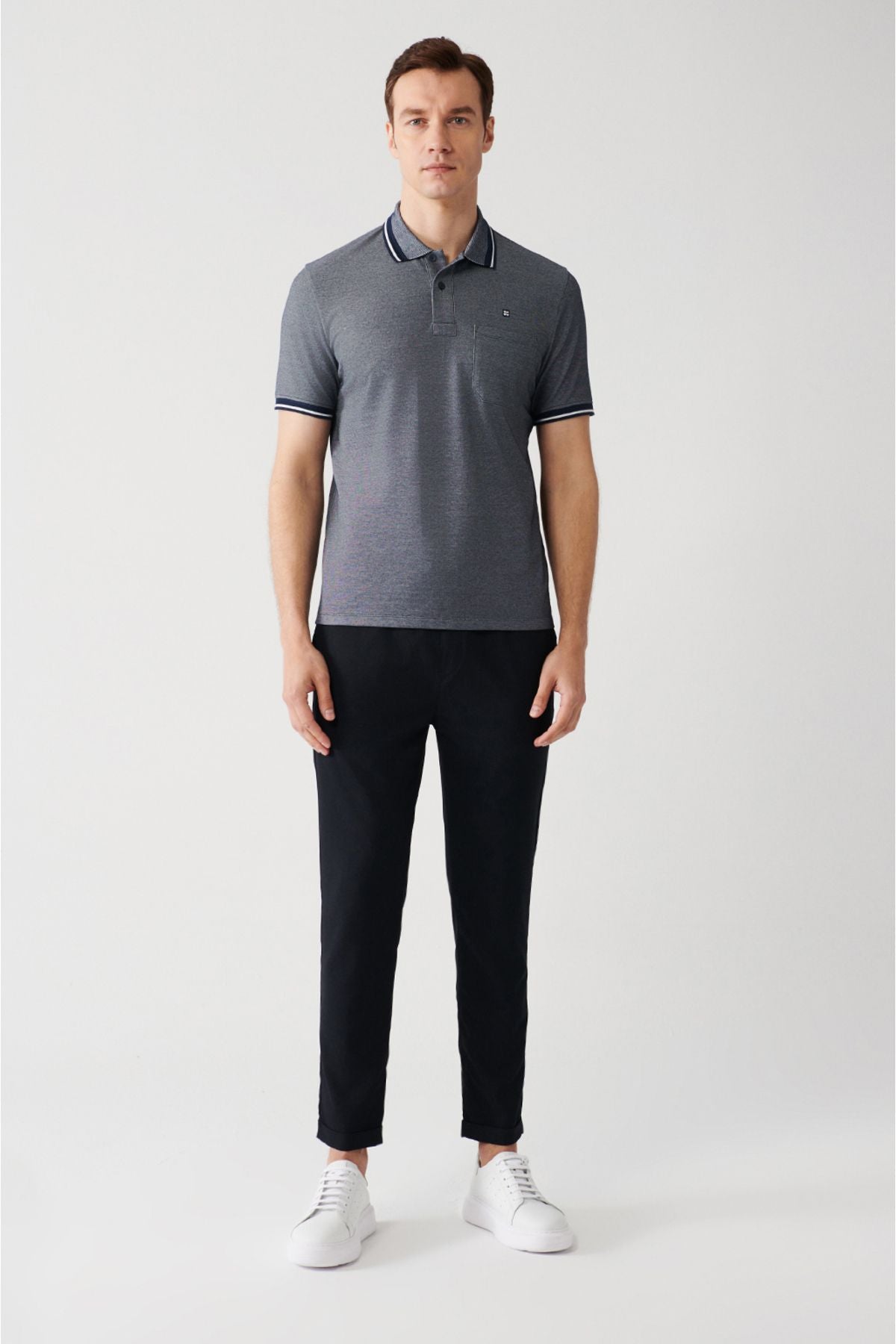 Men's Navy Blind Curlled Neck Pocket 2 Button Polo Yaka T-Shirt E001031