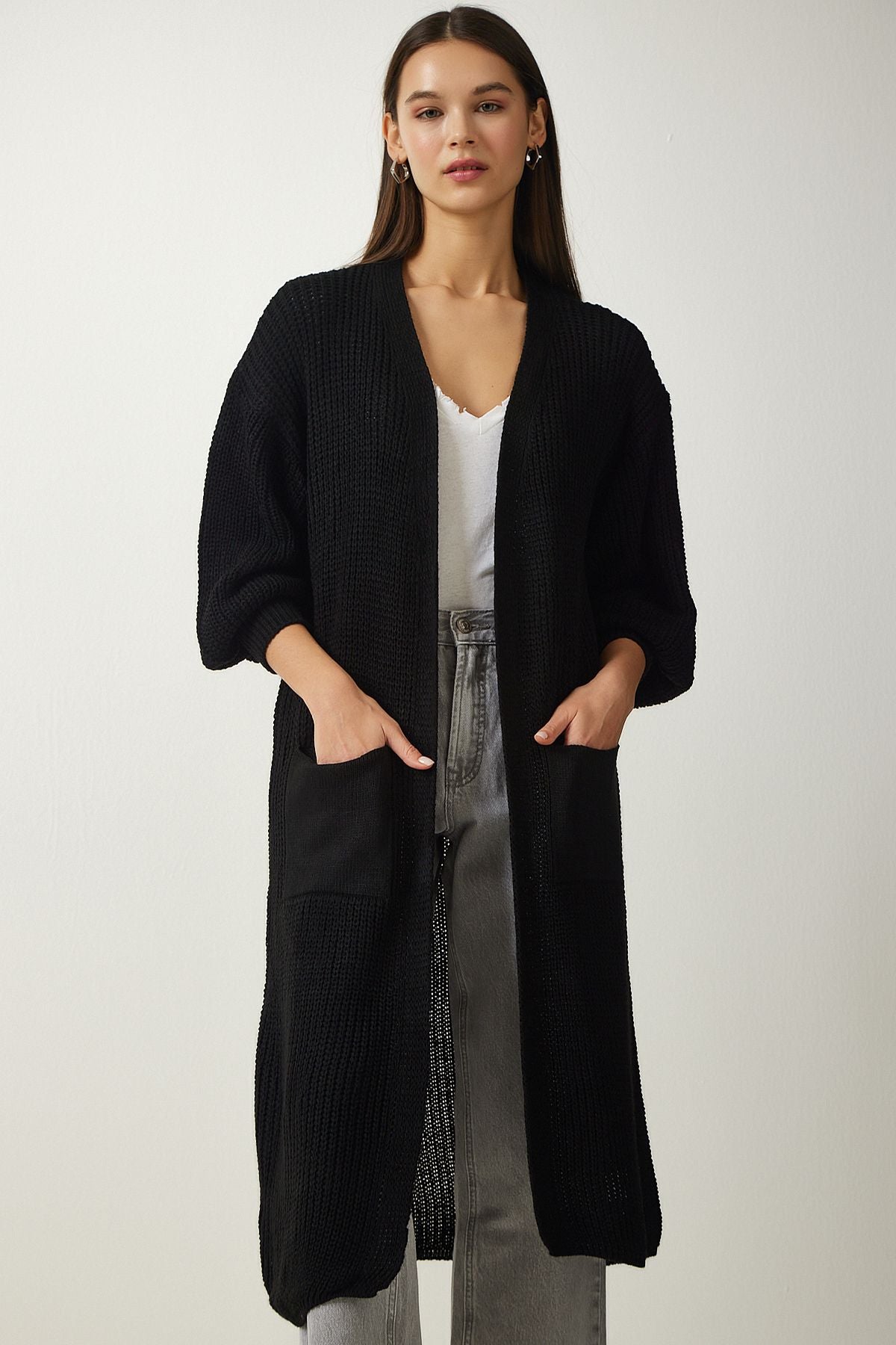 Women's black balloon sleeve long knitwear cardigan AS00026