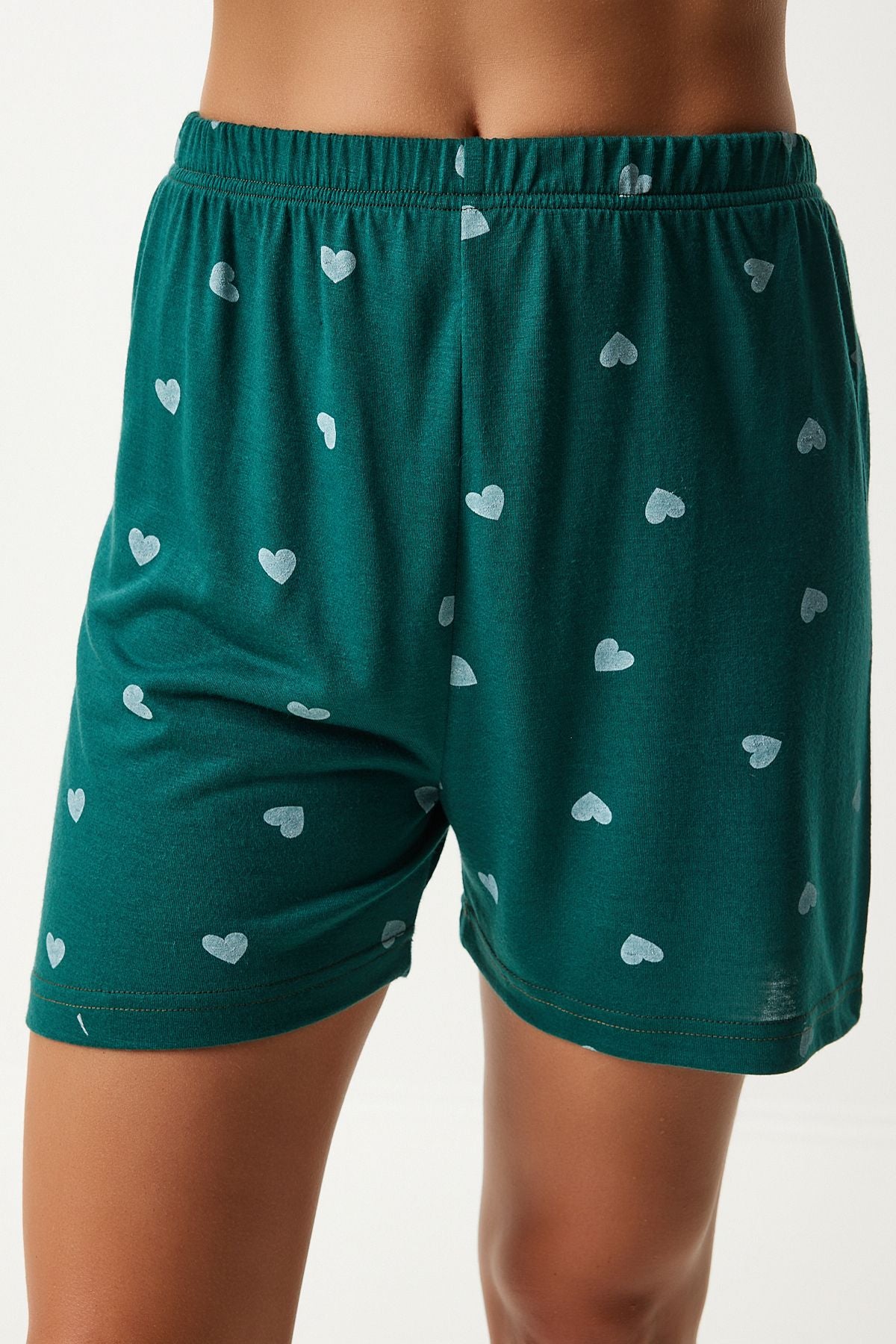 Female Dark Green Heart Viscose Shirt Shirt Pajama Set EC00035