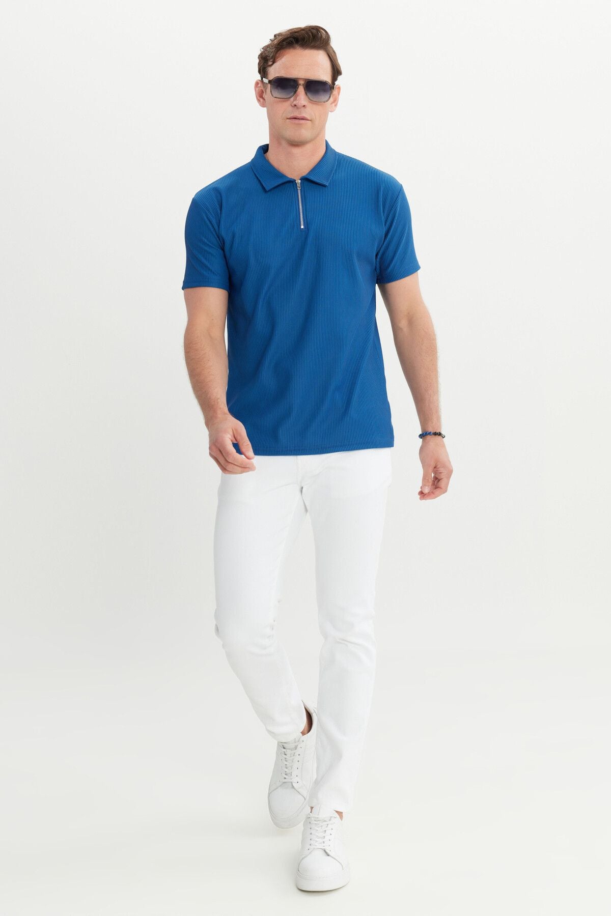 Men's indigo relax fit comfortable cut Polo Yaka Flexible T -shirt