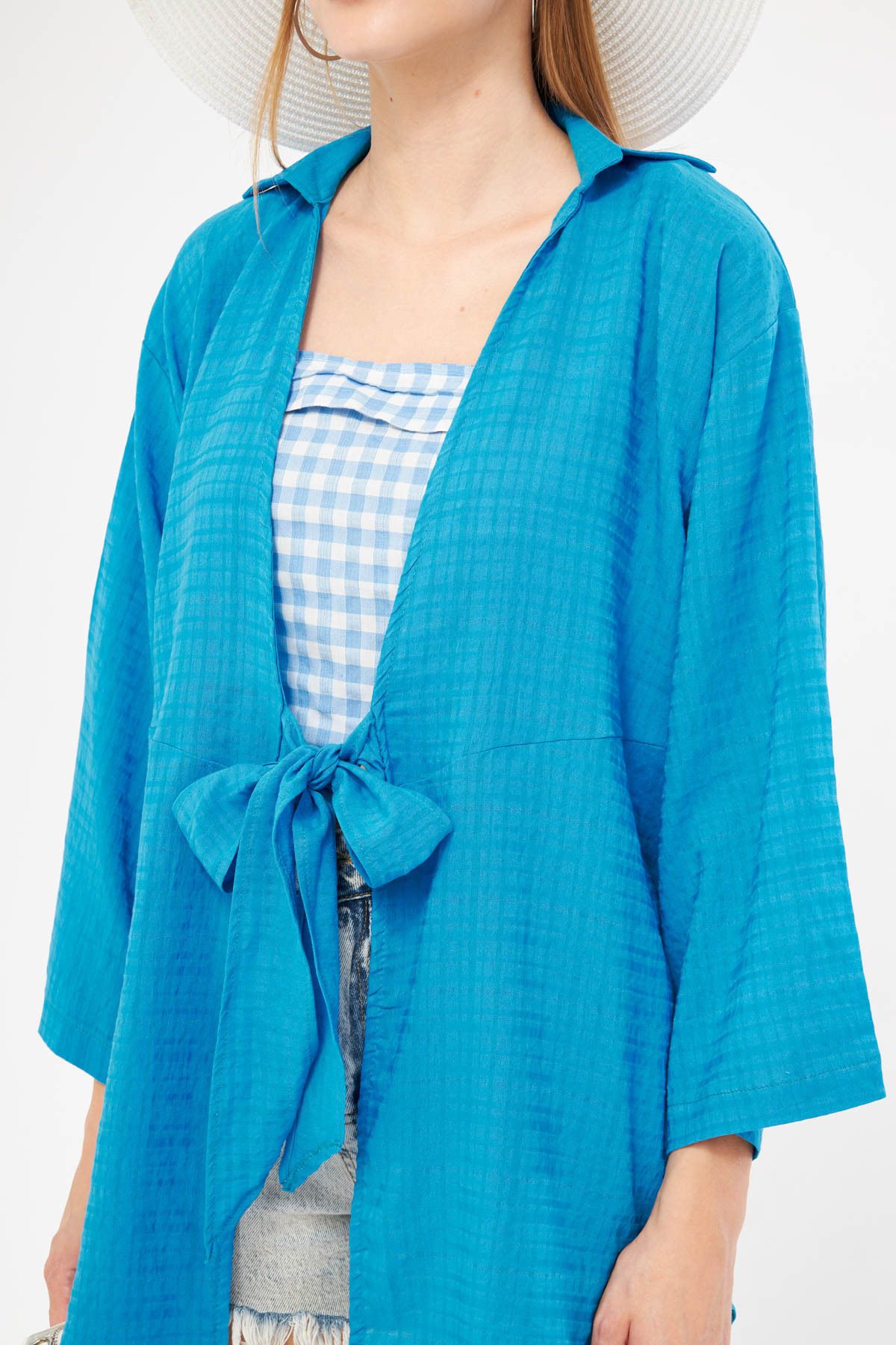 Woman Blue Self-Striped front connect Kimono Shirt ARM-24Y001101