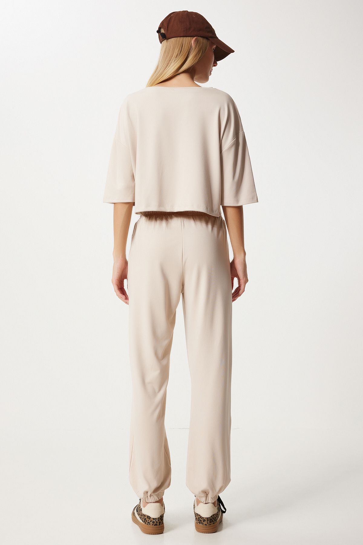 Women's Cream Crop T-Shirt Jogger Lower Knitting Tracksuit Set FN03316
