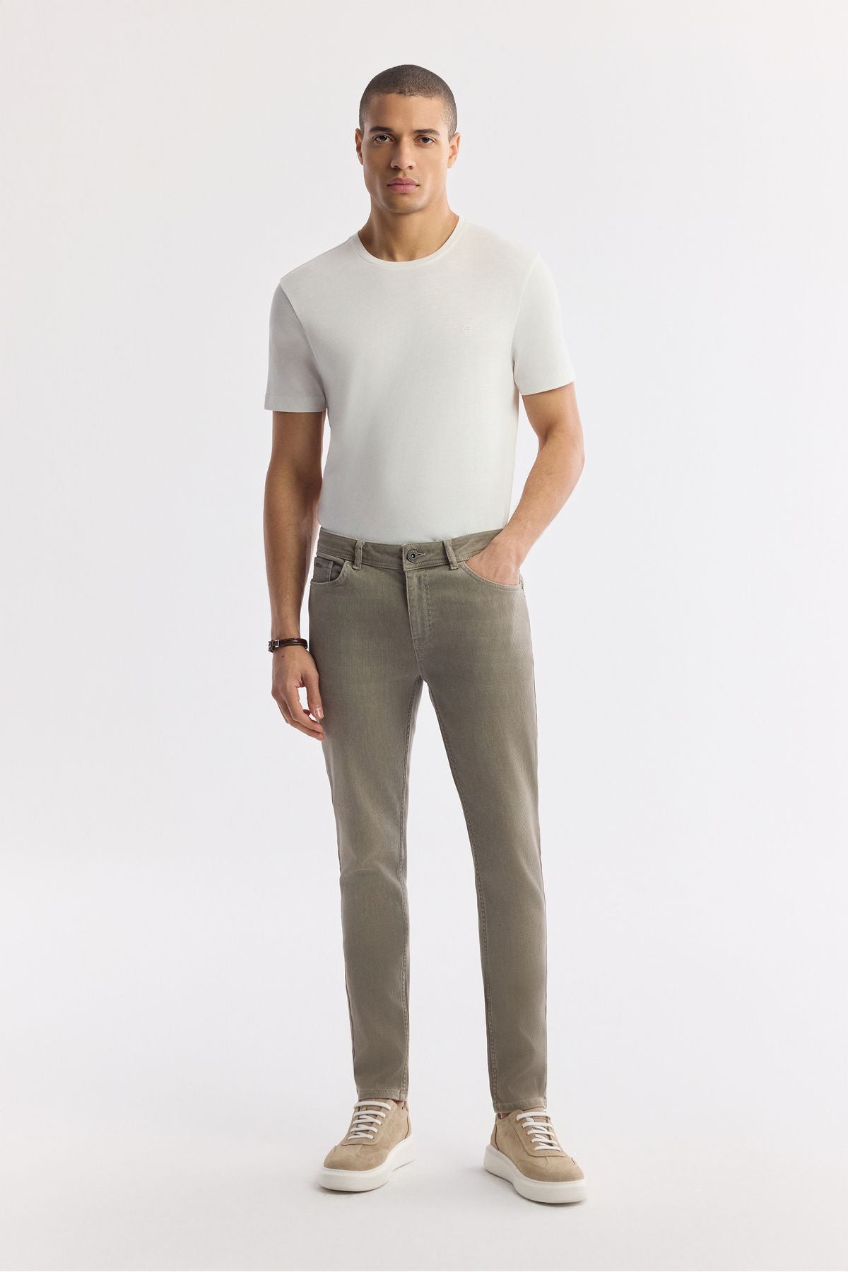 Men's Beige Stone Wash Knitting Slim Fit Denim Trousers A51y3516