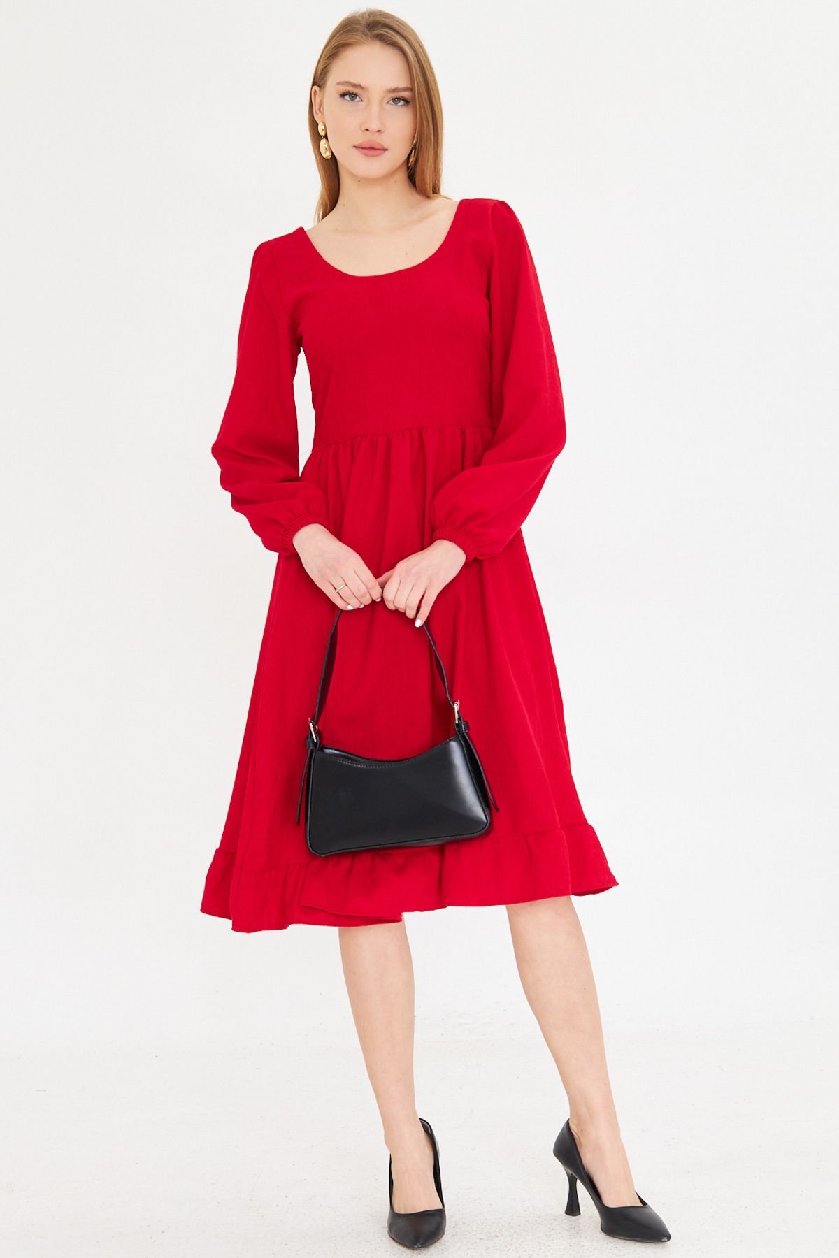 Woman Red U Back Back Zippered Waist Midi Midi Velvet Dress ARM-25K001103