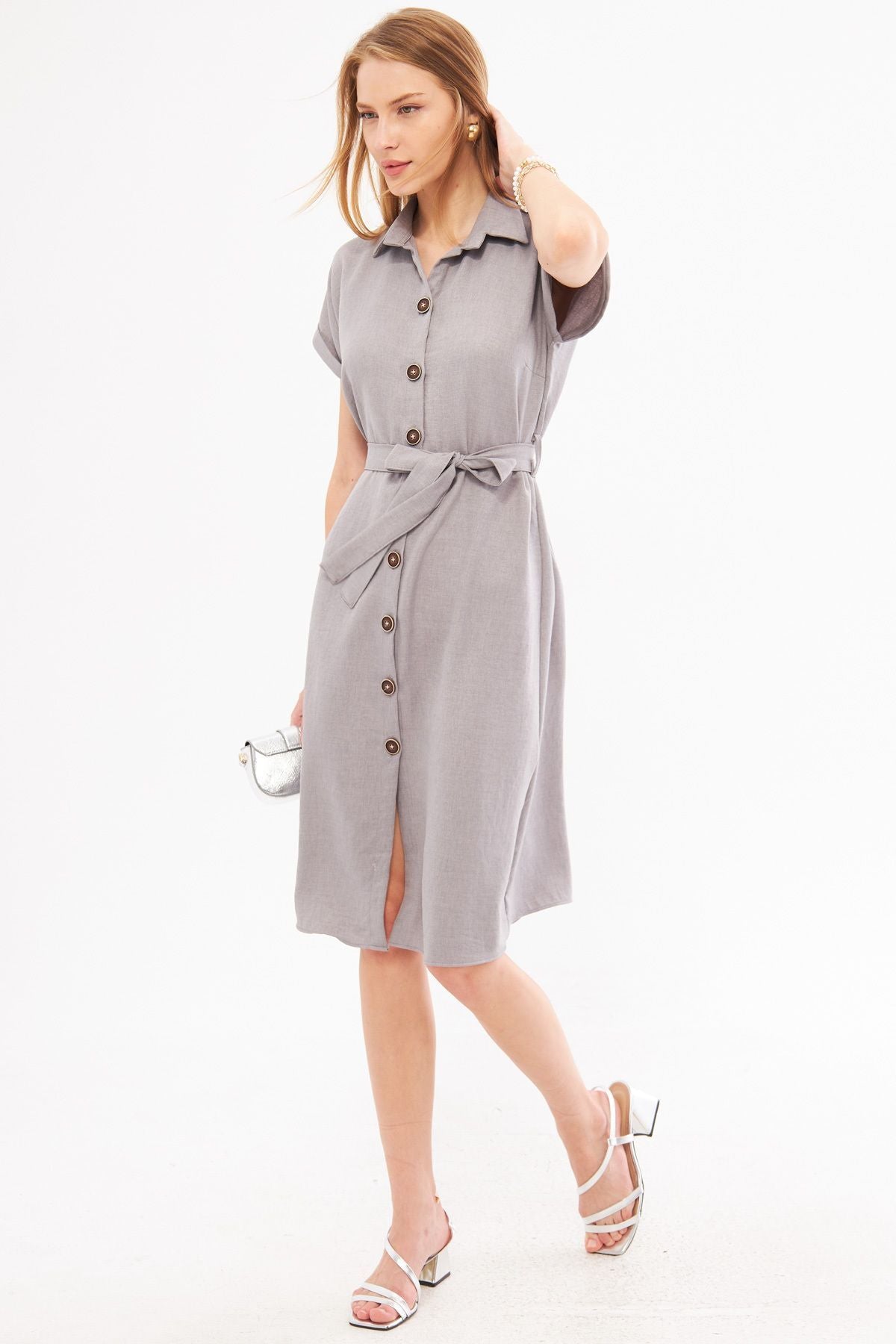 Woman Gray Linen-Looking Waist Belt Short Sleeve Shirt Dress ARM-24Y001084