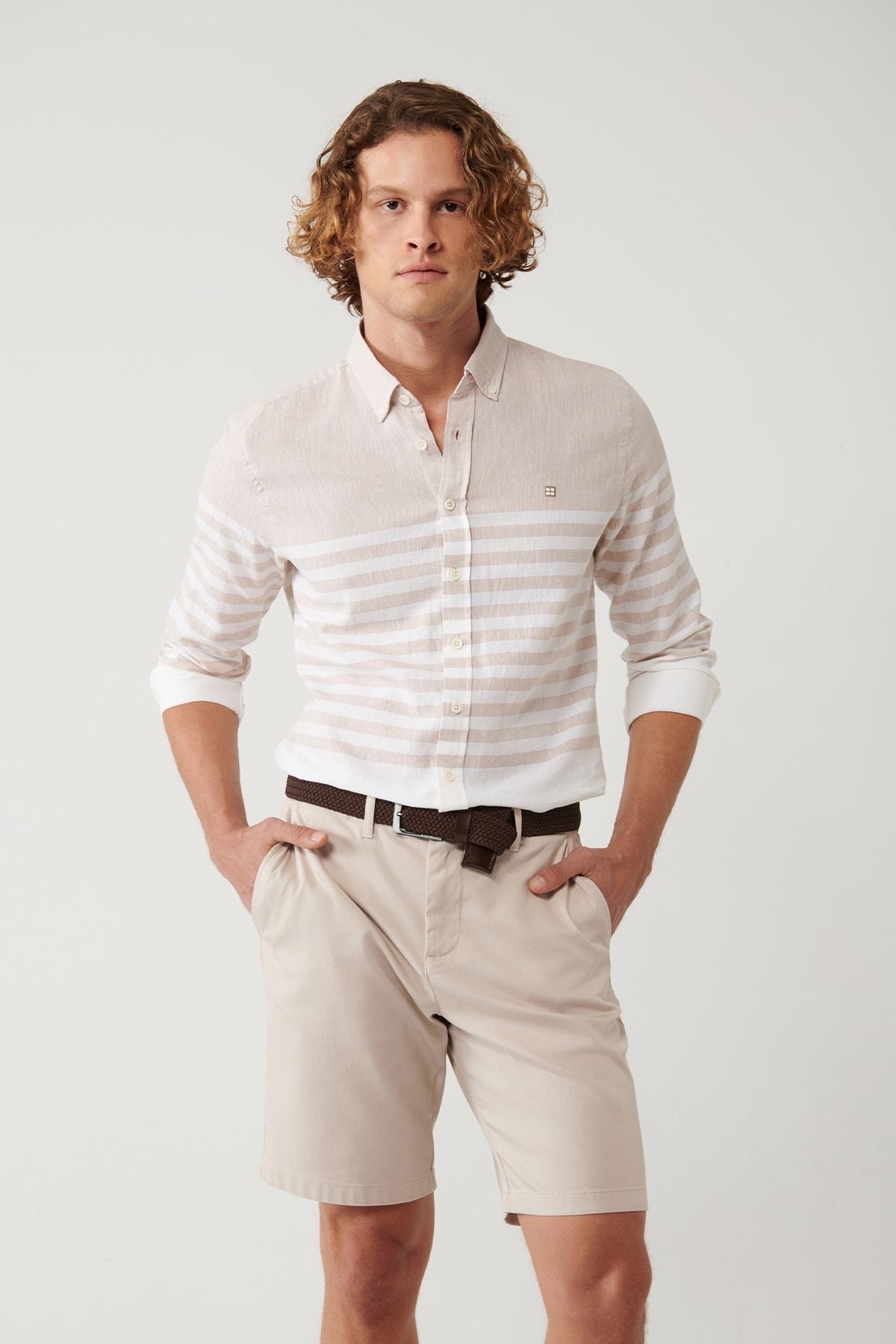 Men's beige button collar panel striped shirt A41y2190