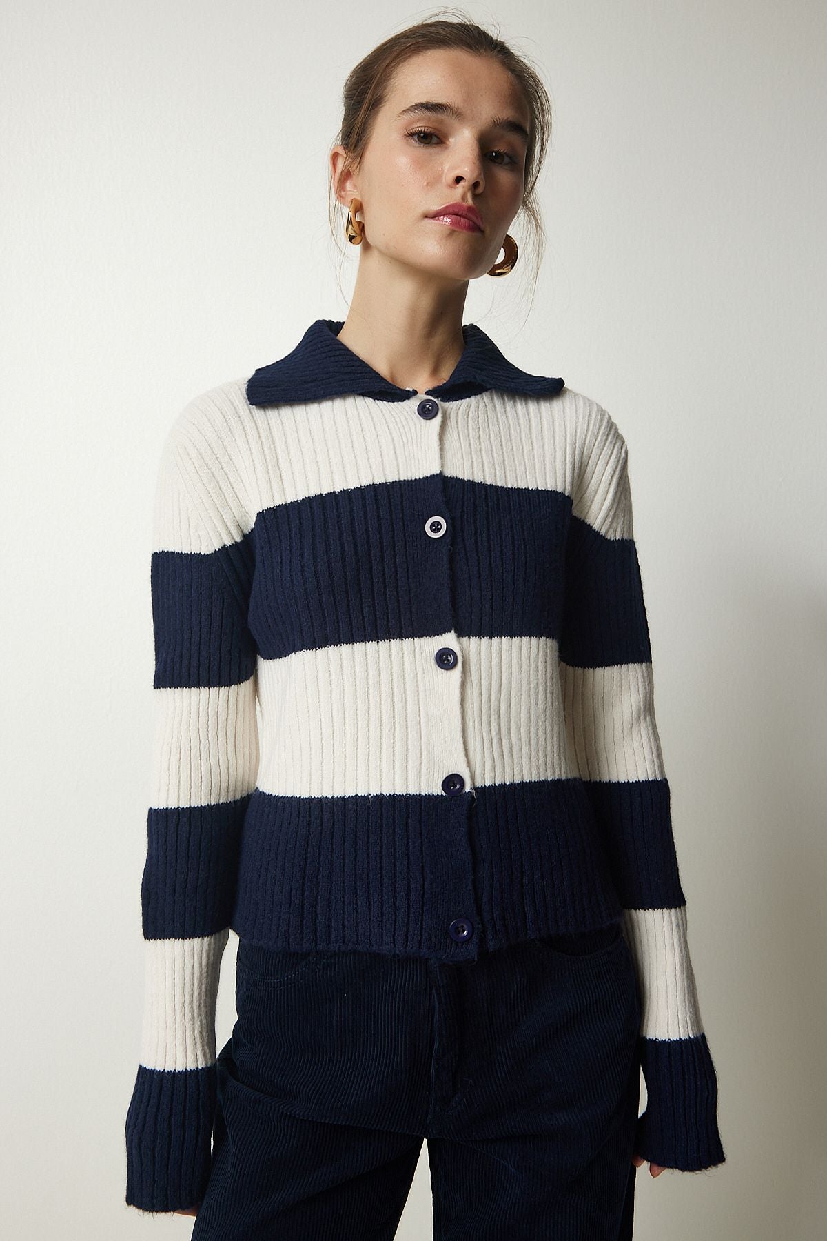 Woman Navy Blue Cream Polo Yaka button knitwear cardigan US00916