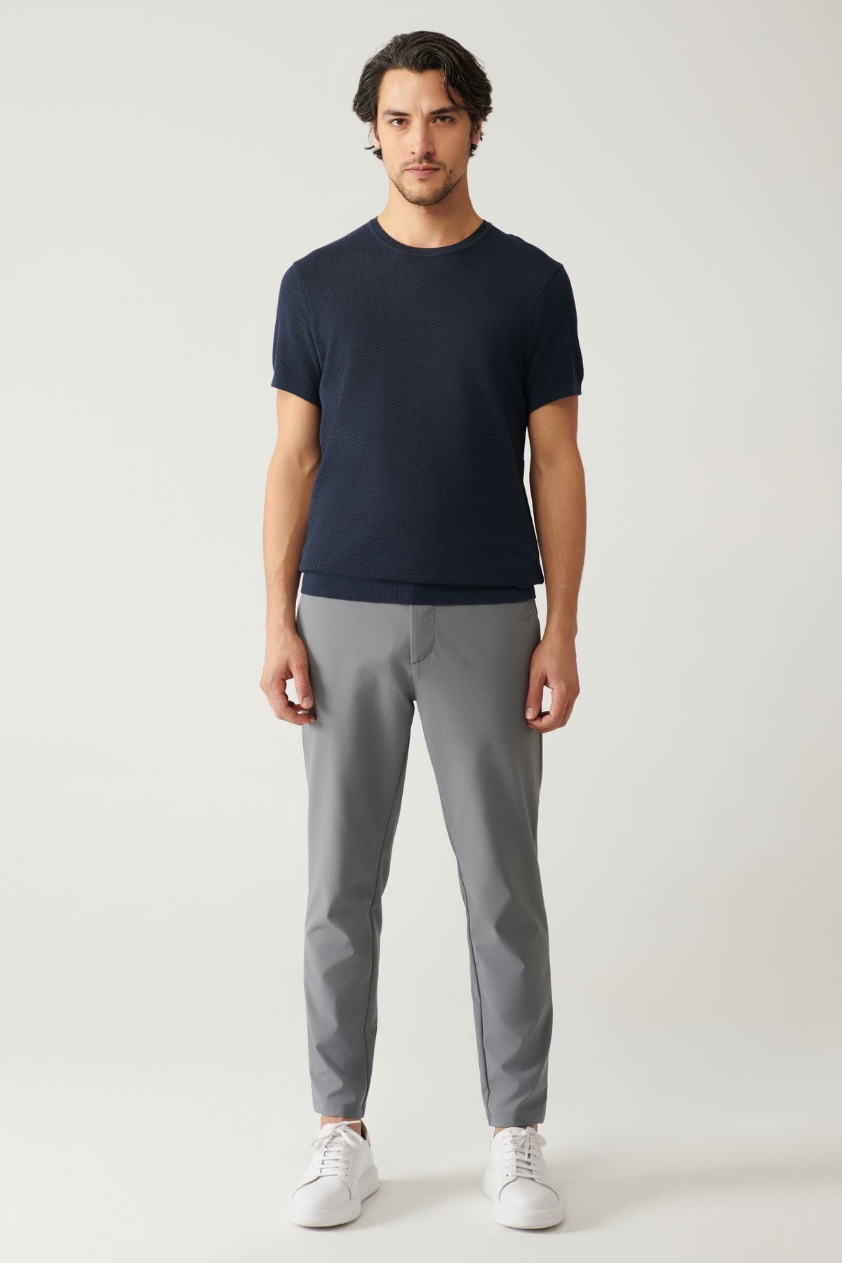 Men's open navy blue bike collar textured cotton knitwear T-shirt E005027