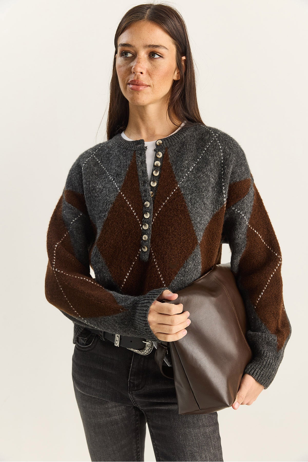 Women's 11 Buttons Diamond Patterned Basic Knitwear Sweater 20251089