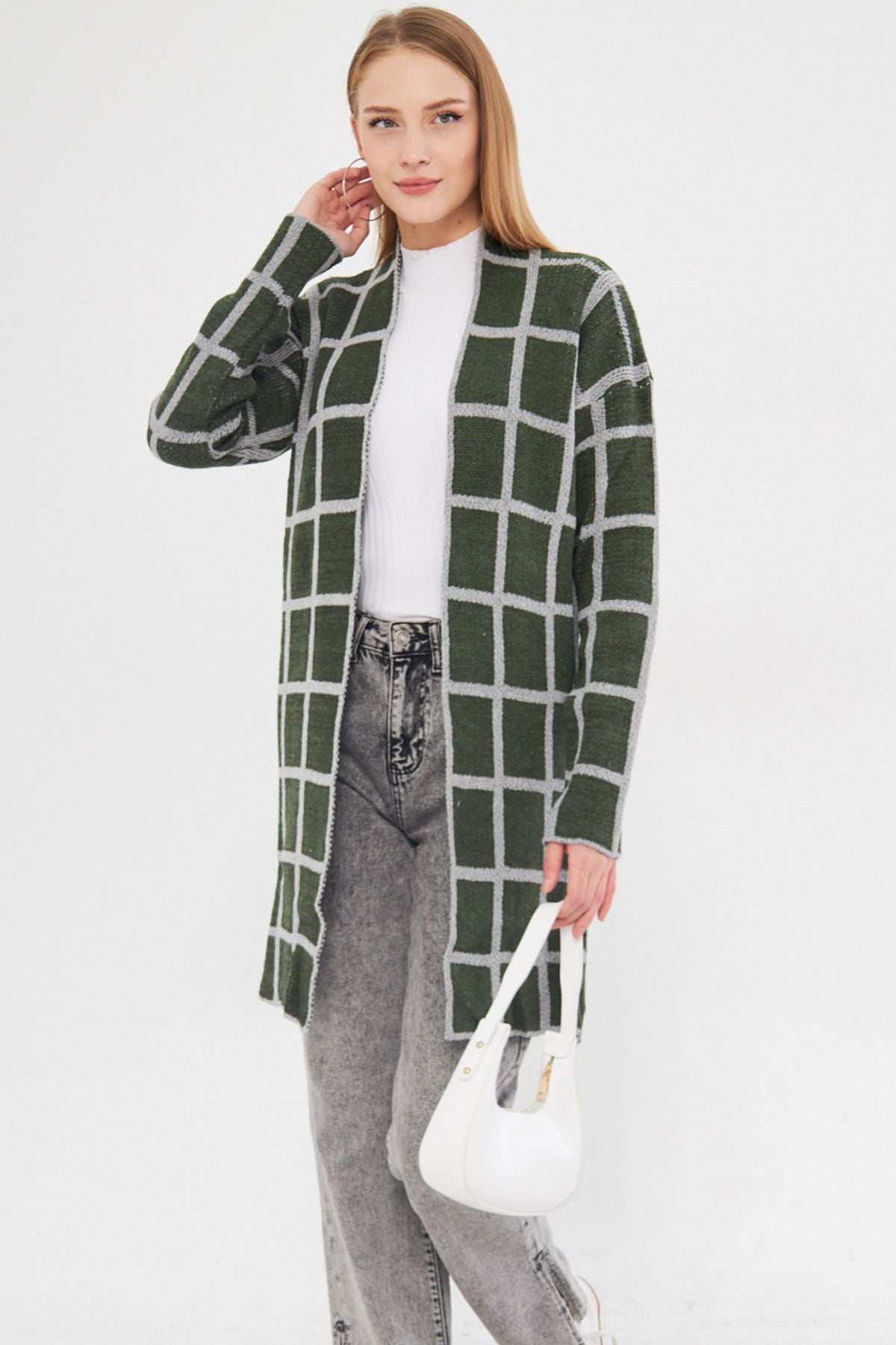 Women's Green Square Patterned Long Knitwear Cardigan ARM-25K012007