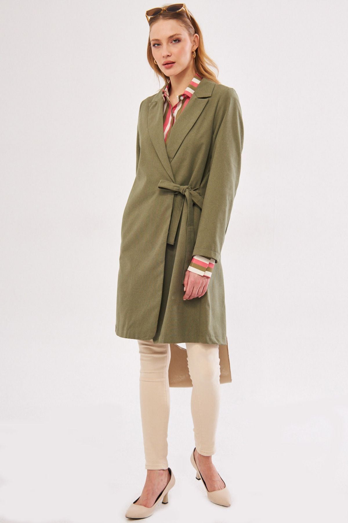 Women's Khaki side-binding long coat ARM-24Y001019