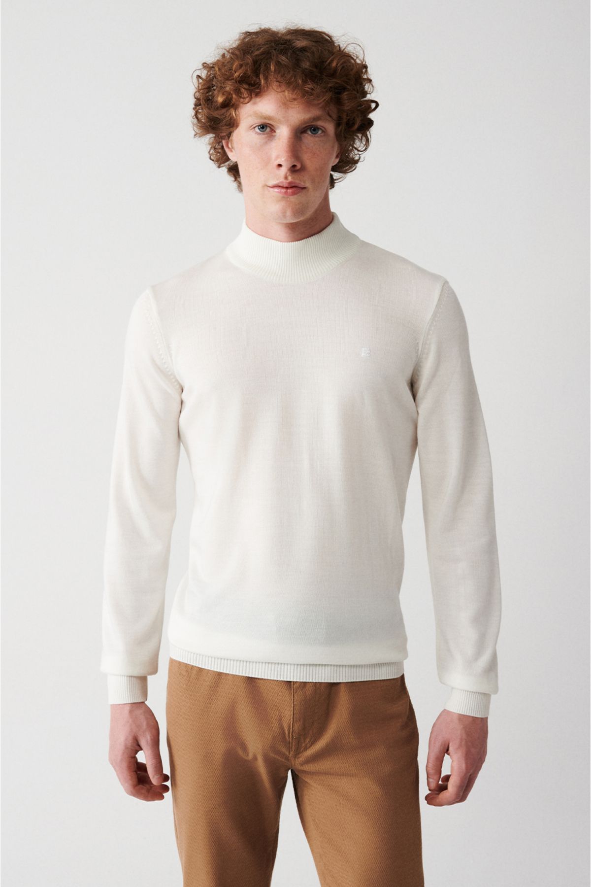 Men's White Unisex Knitwear Sweater Half Turtleneck Non-Pilling Regular Fit E005001