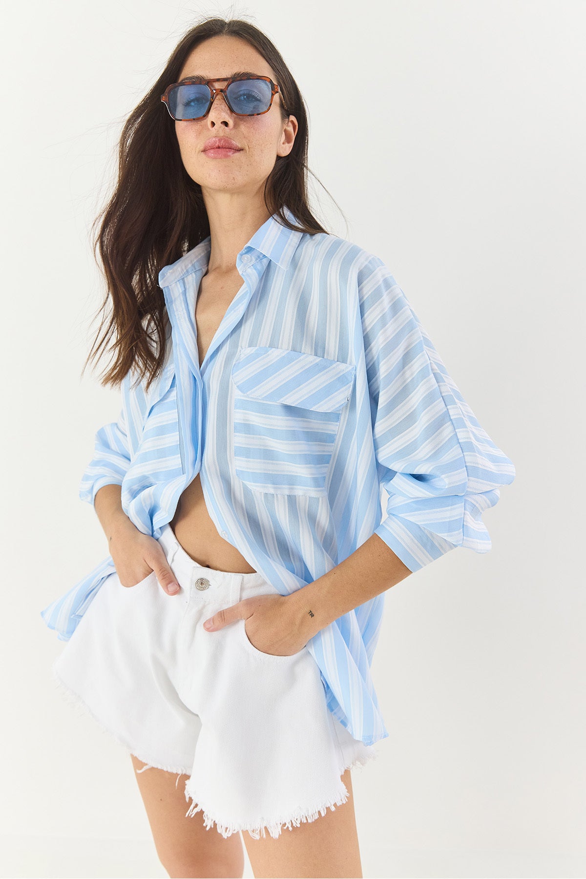 Women's Thick Striped Double Pocket Detailed Oversize Basic Summer Shirt 34399-1 60283249