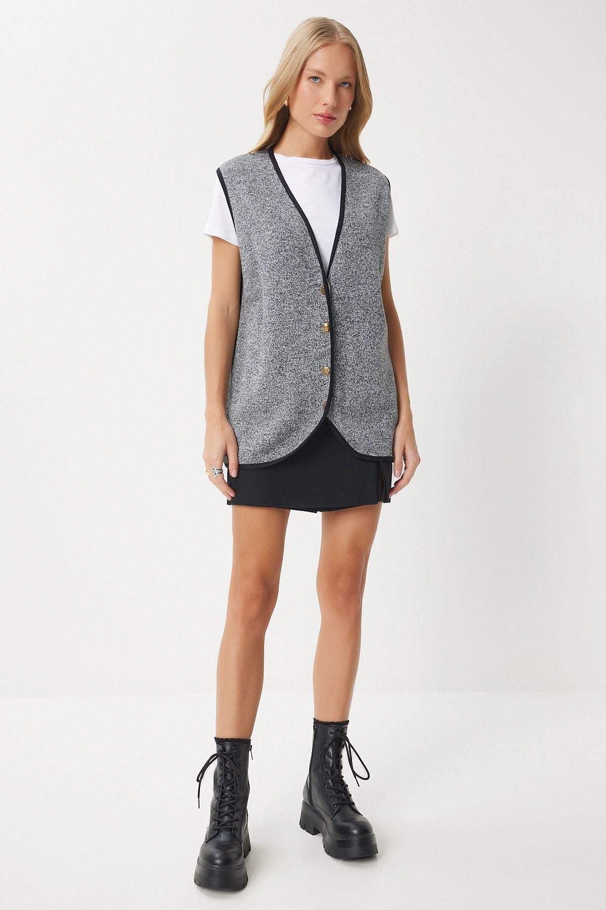 Woman Dark Gray button knitwear vest US00928