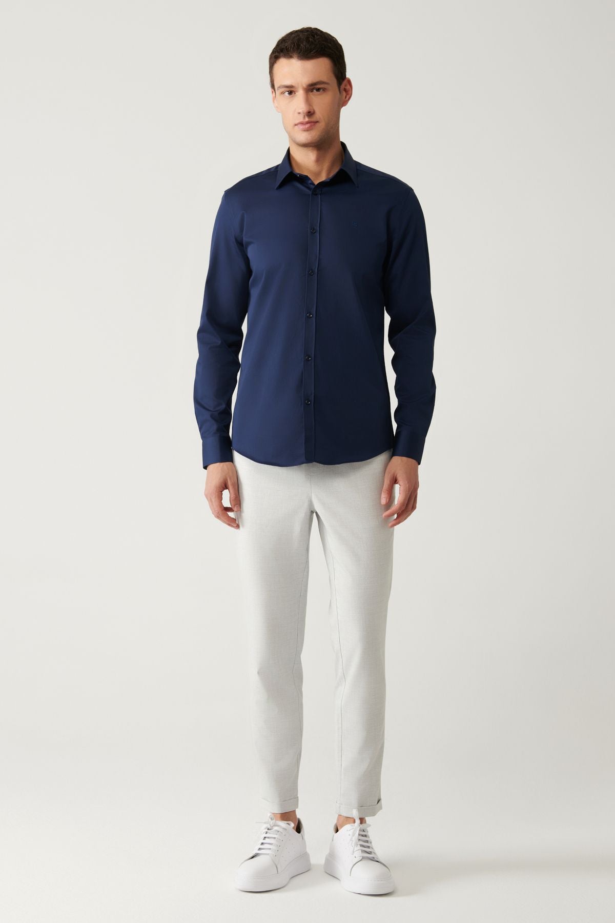 Men's navy blue classic collar 100 %cotton satin shirt B002006