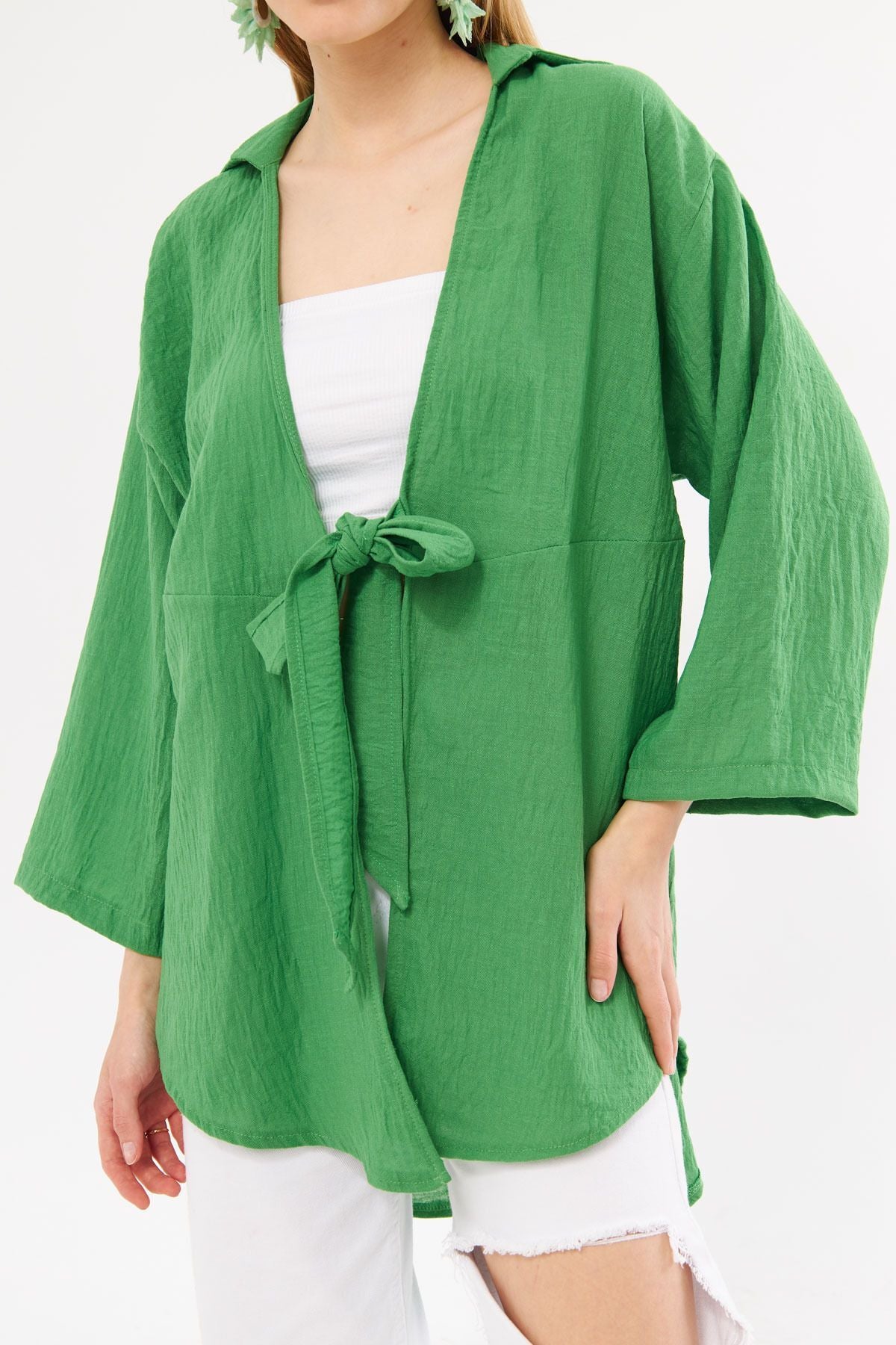 Female green linen-looking front-binding kimono shirt ARM-24Y001063