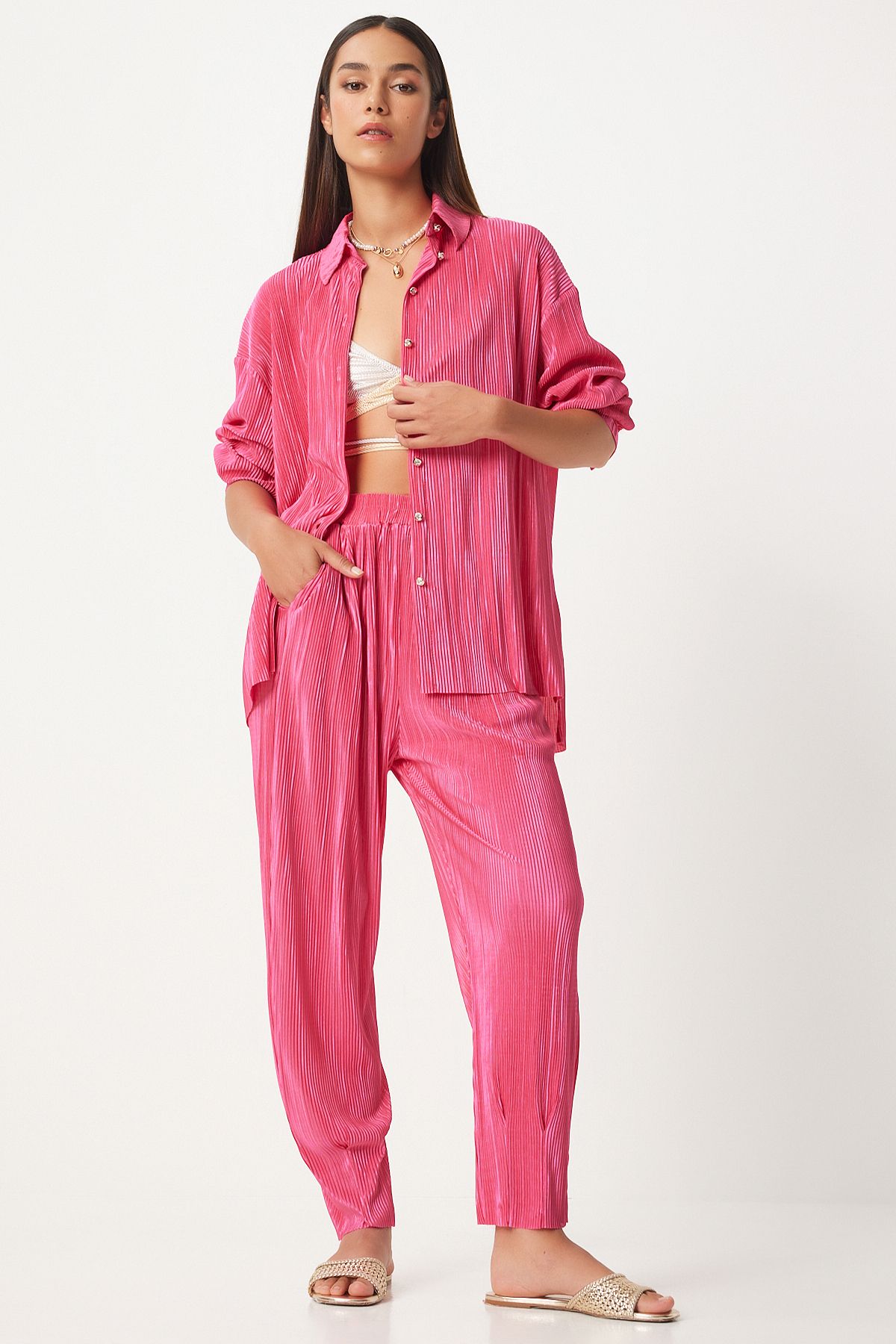 Woman Pink Stylish button pants pants set FN03235