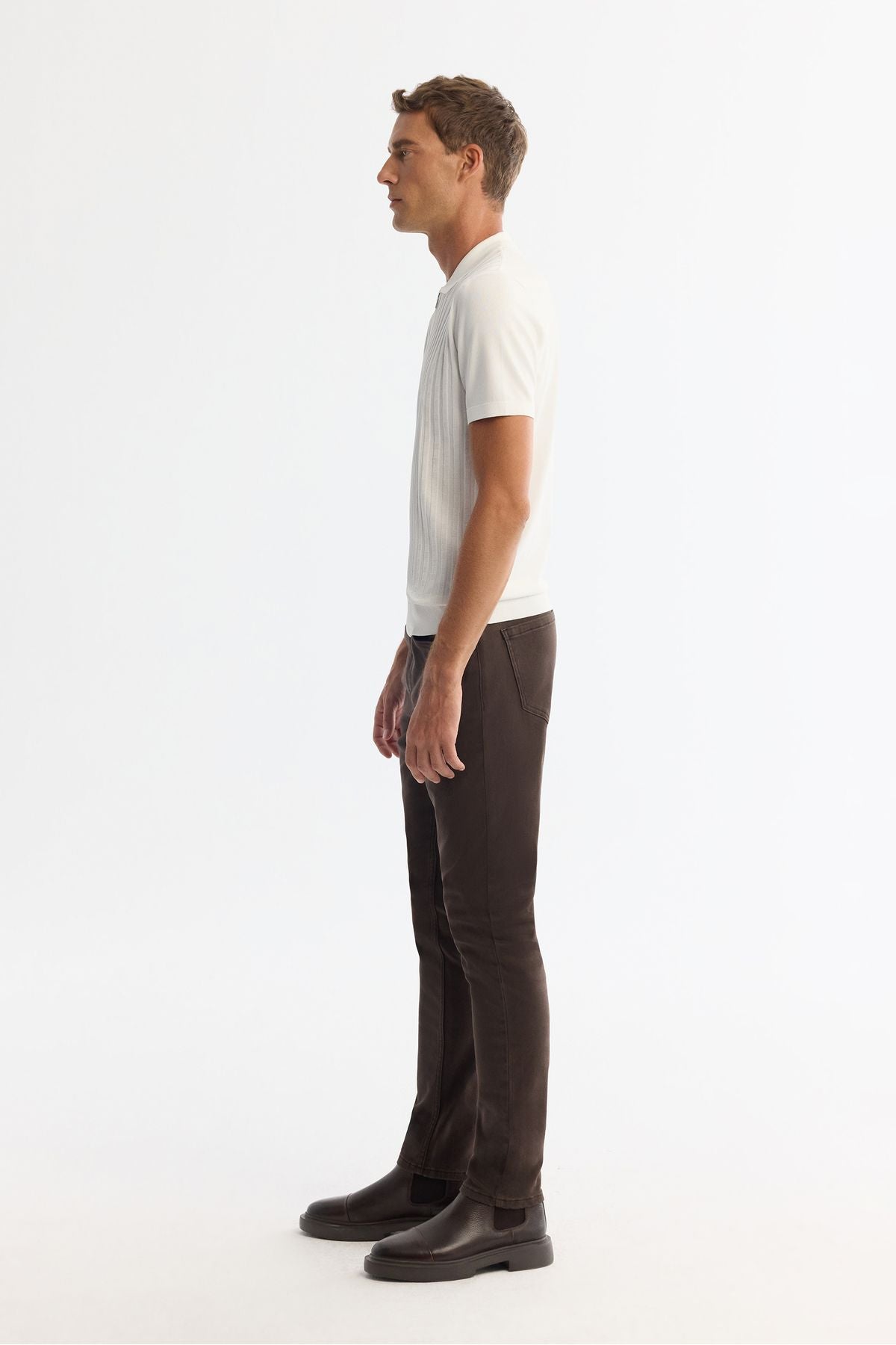 Male Ecru Polo Yaka Zippered Rayon Triko T-Shirt A42y5128