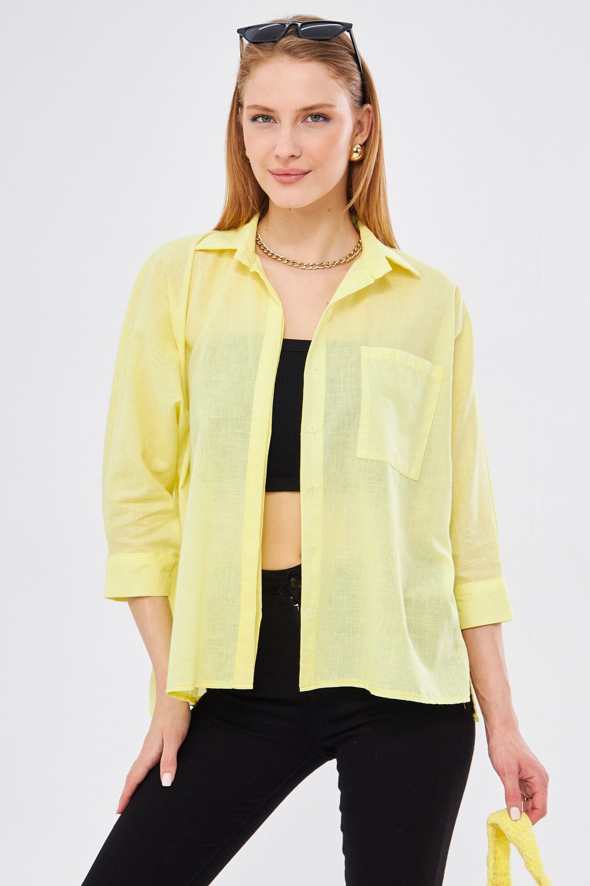 Female Yellow Pockets Shabby Linen Shirt ARM-21Y001035