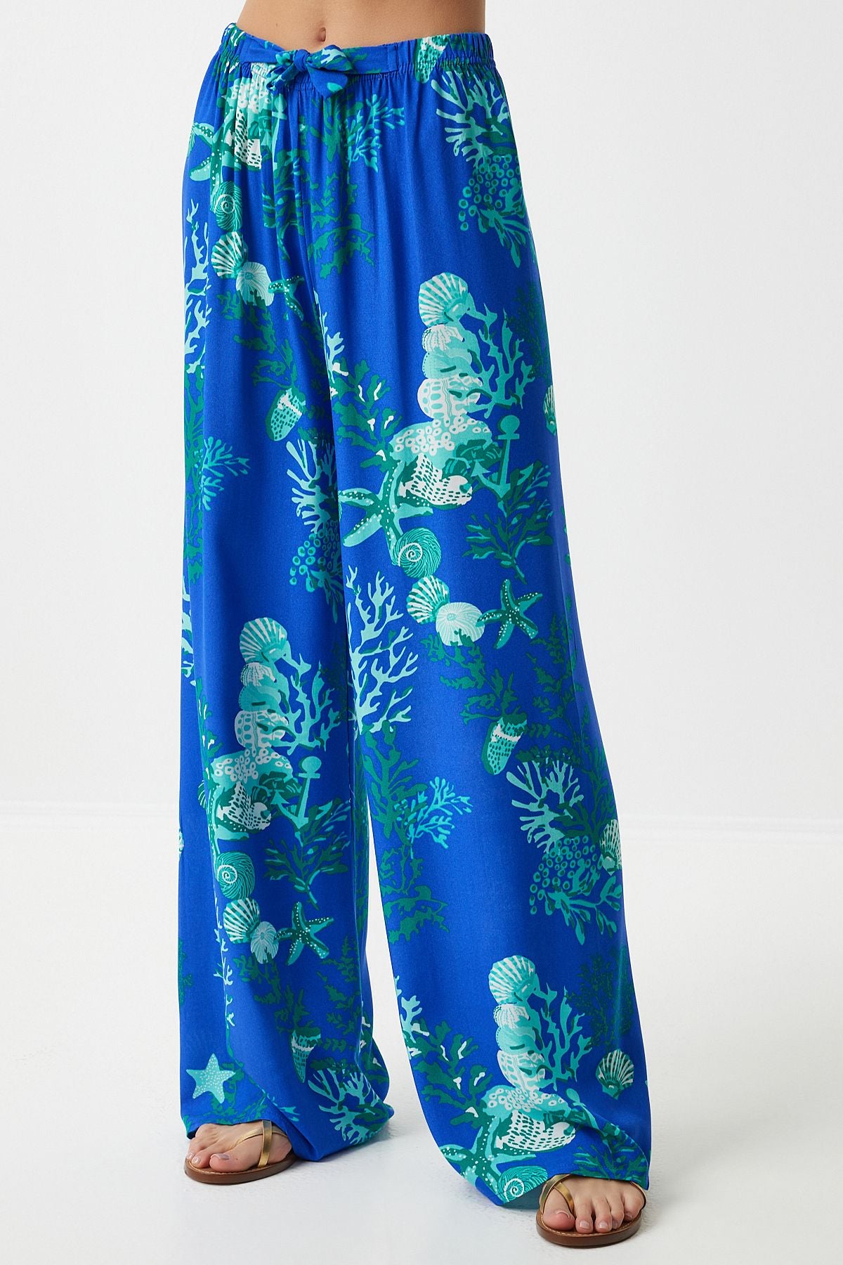 Women's Blue Water Green Patterned Visco Palazzo Pants EN00606