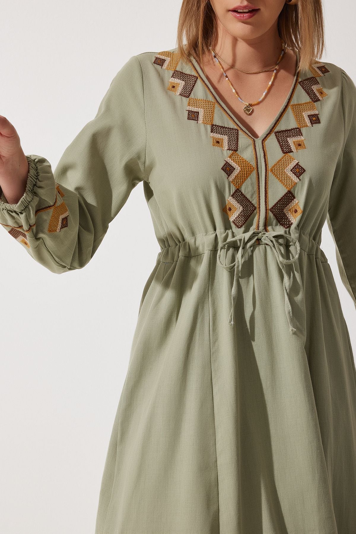 Woman Khaki Embroidery Detailed Oversizle Linen Dress RG00027