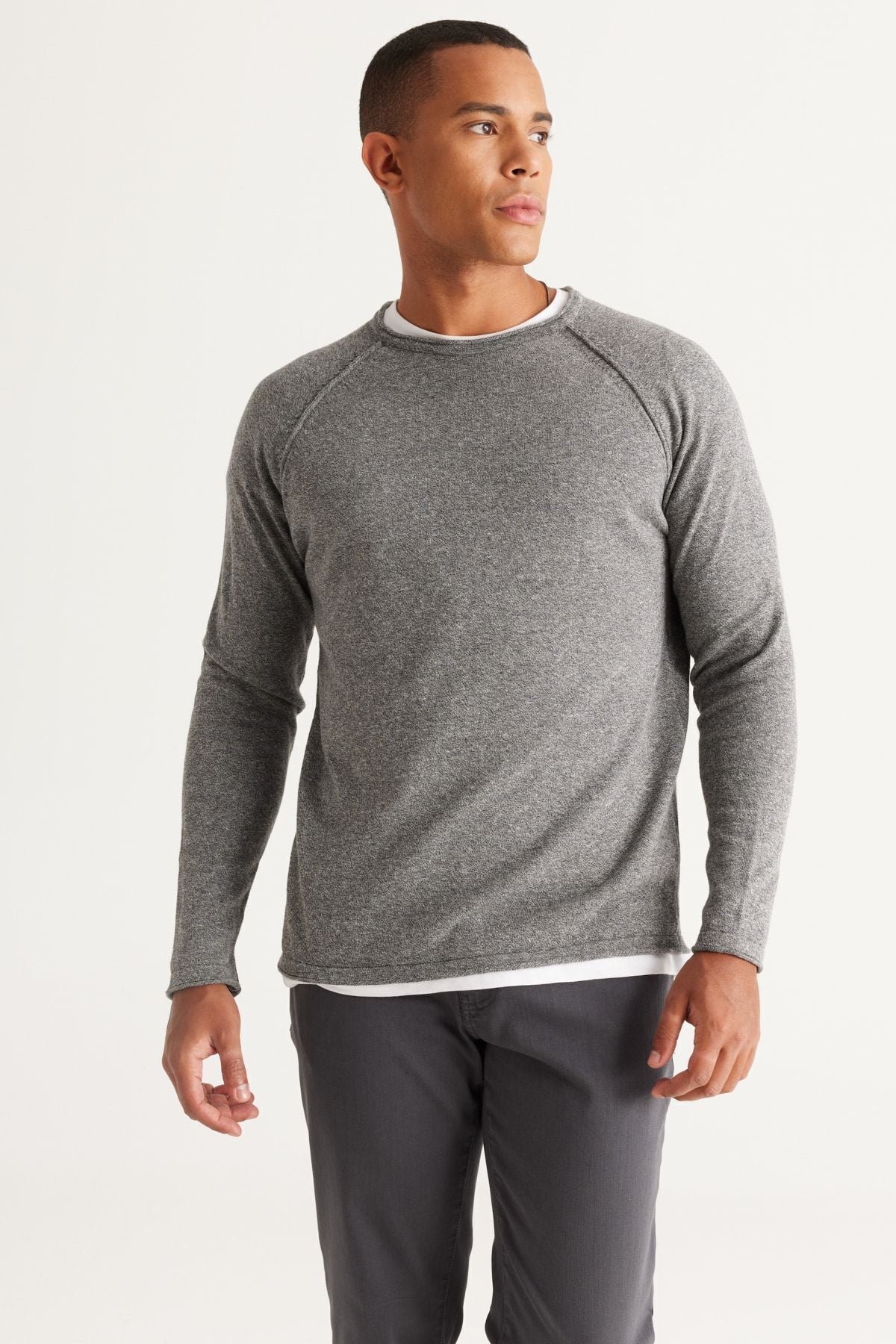 Men's Gray-Ekru Standard Fit Normal Normal Class Bike Cotton Muline Patterned Knitwear Kazakh