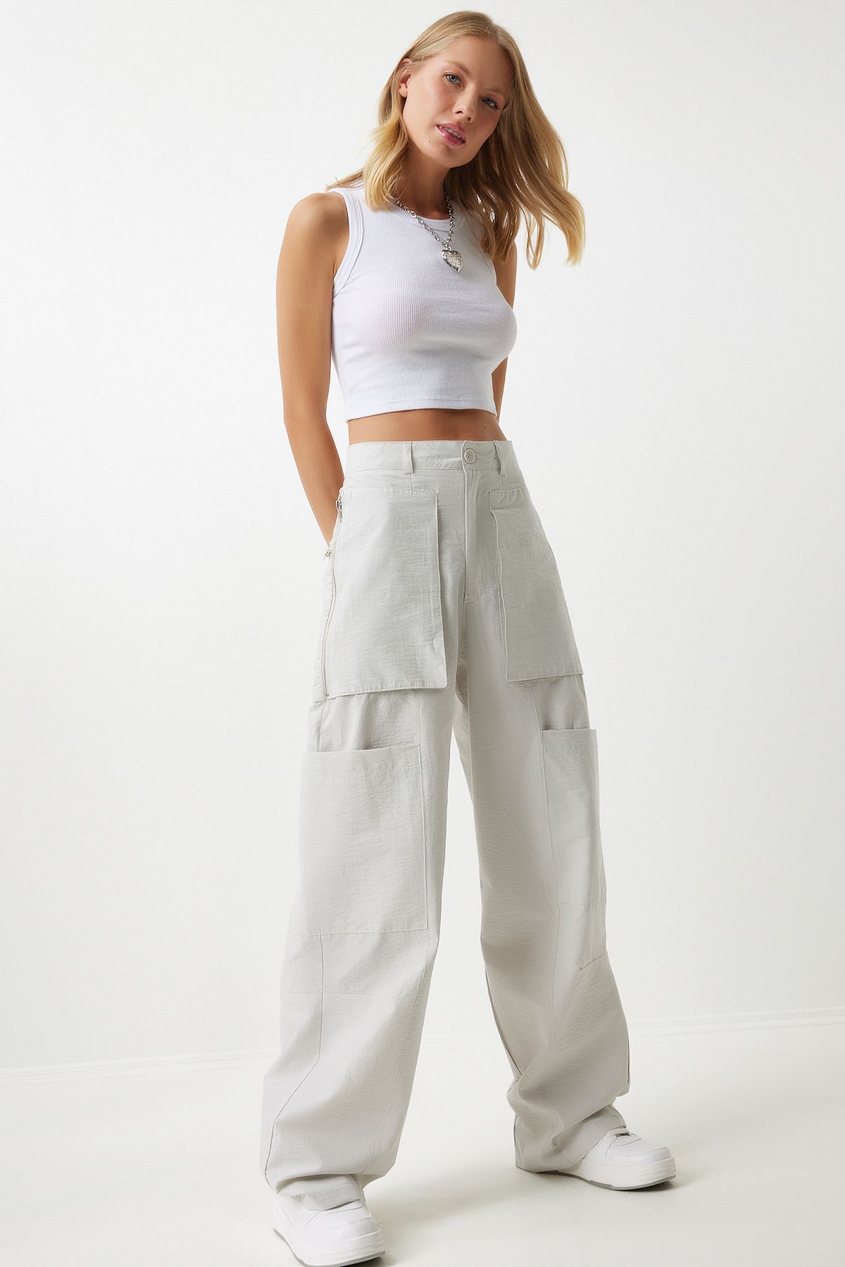 Female Stone Zippered Parachute Cargo Pants OH00057
