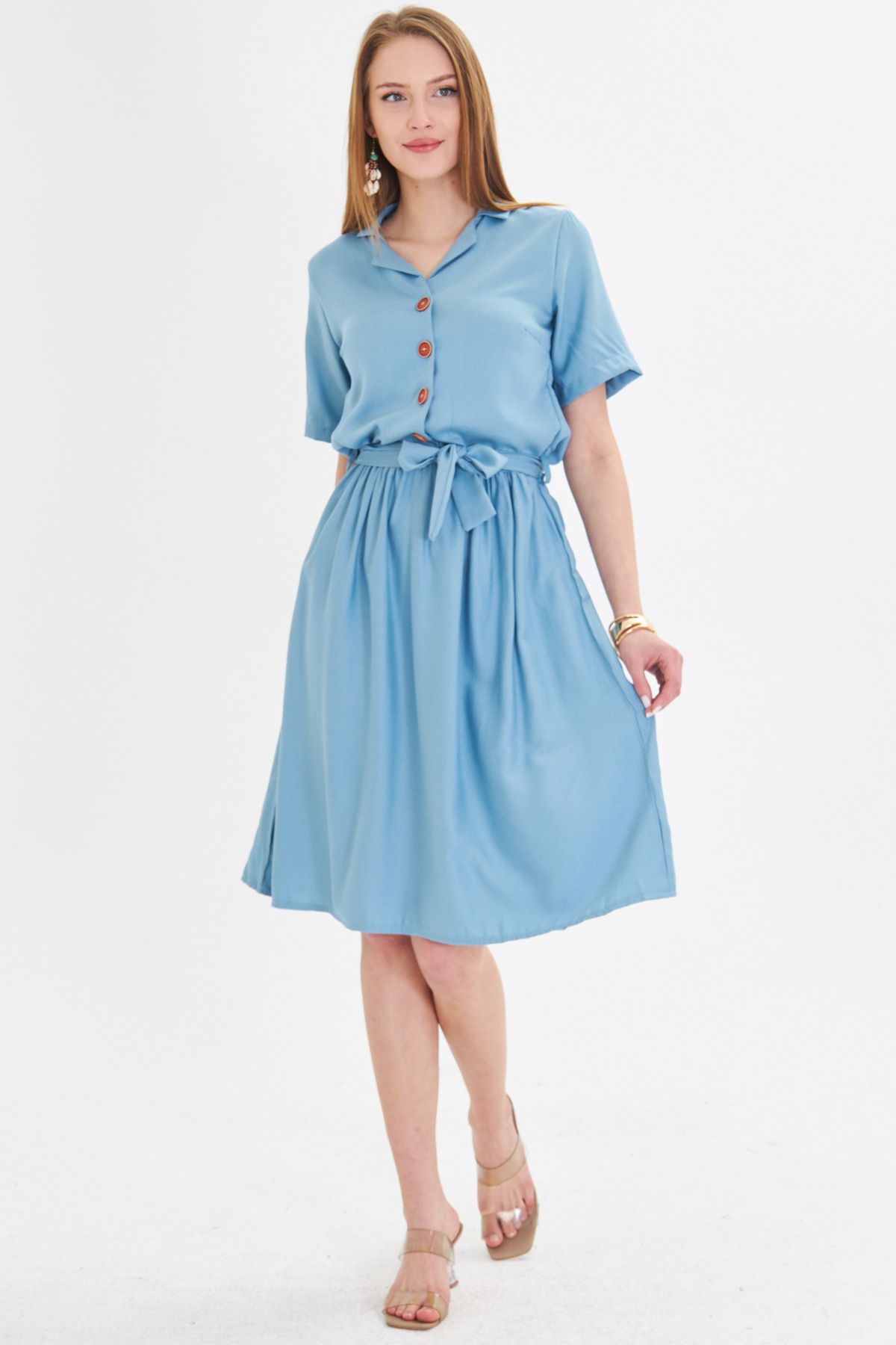 Woman Indigo front buttoned waist shirred belt midi size dress ARM-24Y001068